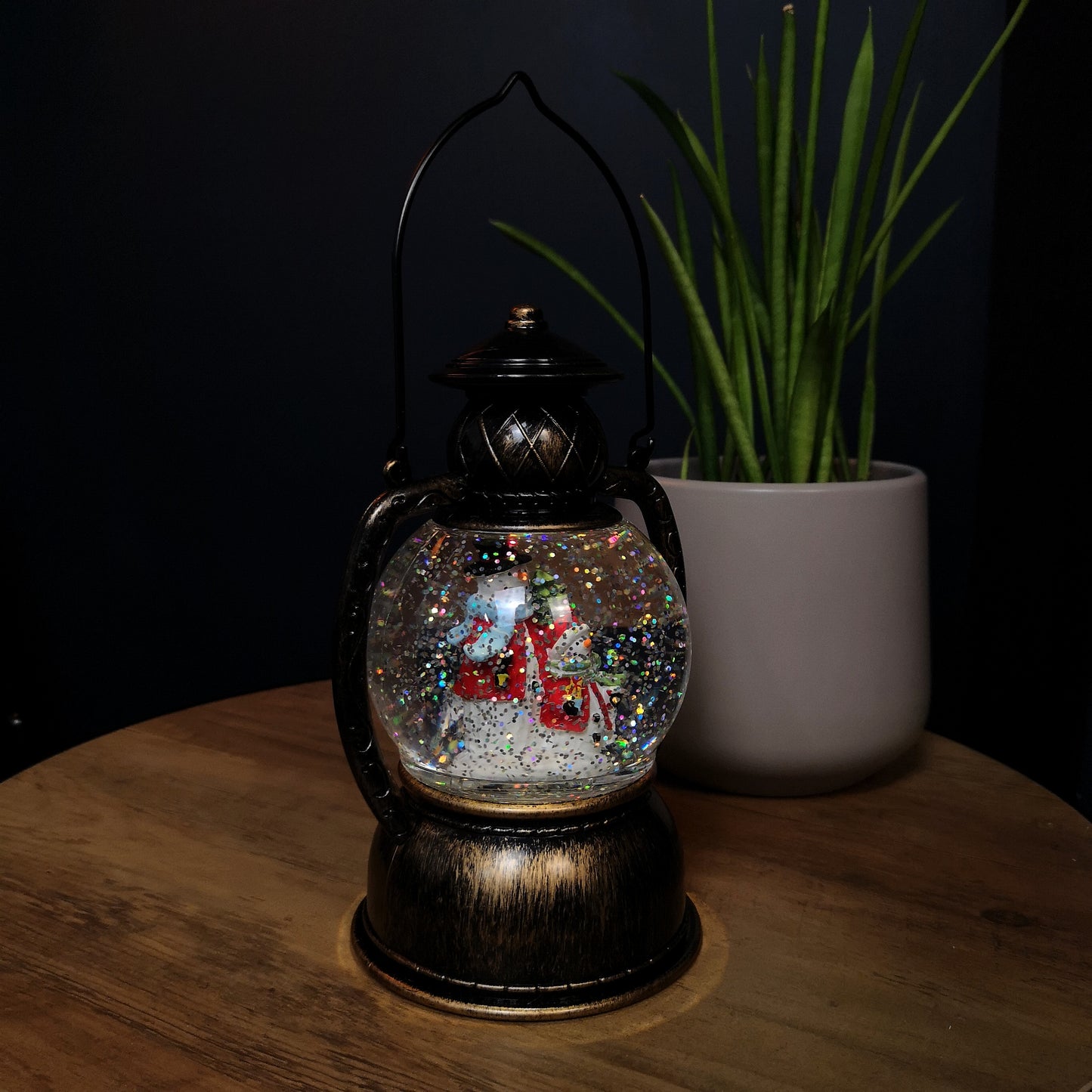 20cm LED Christmas Glitter Water Spinner Antique Lantern Snowy Snowman Scene