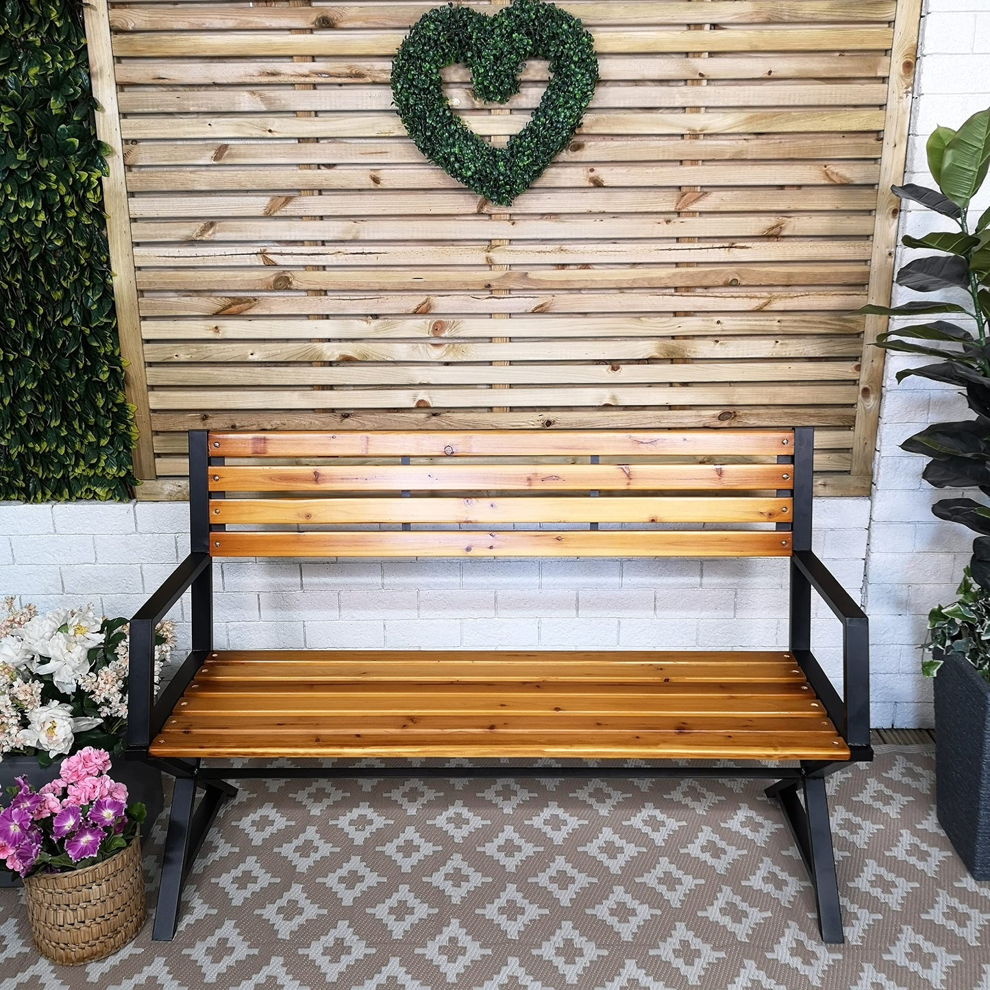 Factory Seconds: Kendal 2 Person Outdoor Modern Cross Design Metal Wooden Garden Patio Bench