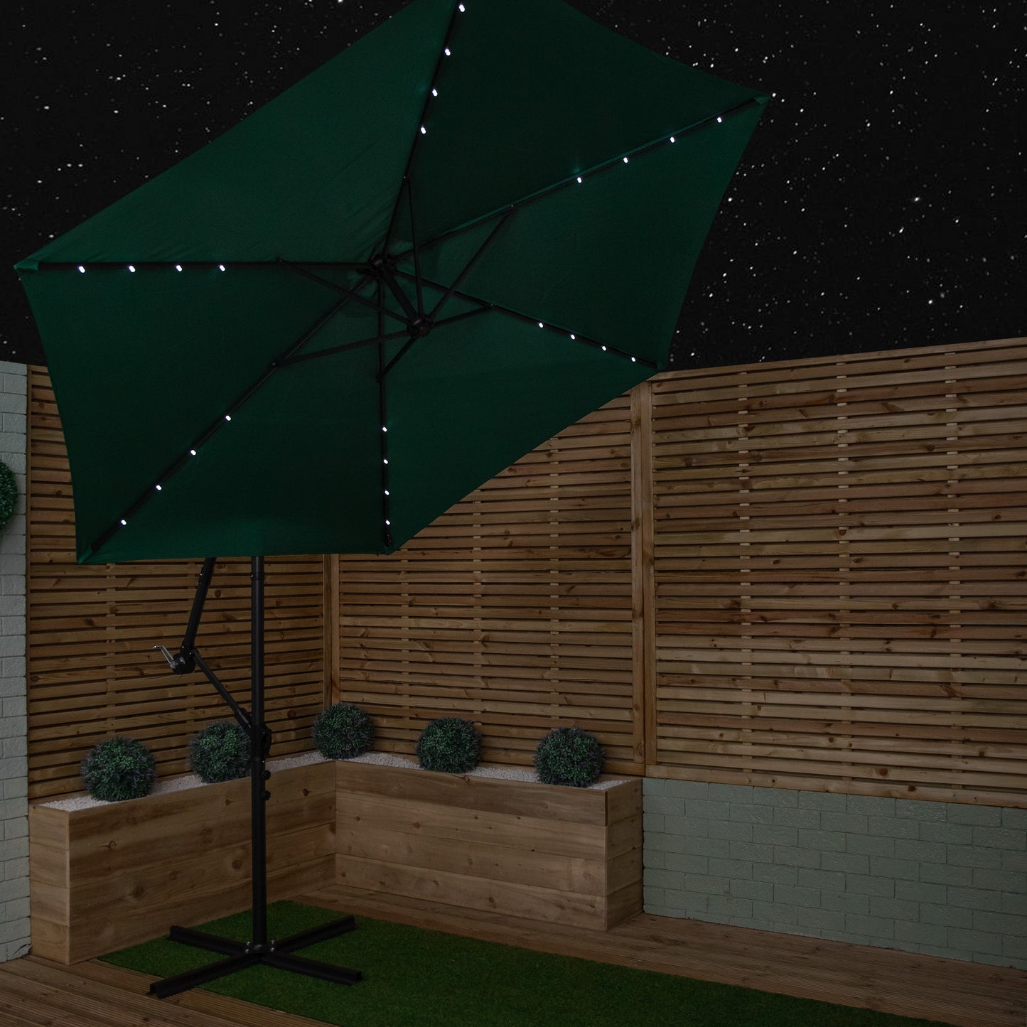 Samuel Alexander 3m Solar Powered Cantilever Lit Banana Garden Parasol with Crank Handle & White LED Lights in Green