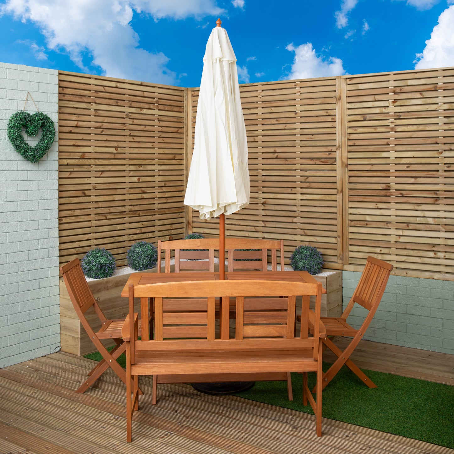 Outdoor 6 Person Folding Rectangular Wooden Garden Dining Table Chairs and 2 Benches Cream Parasol and Base set
