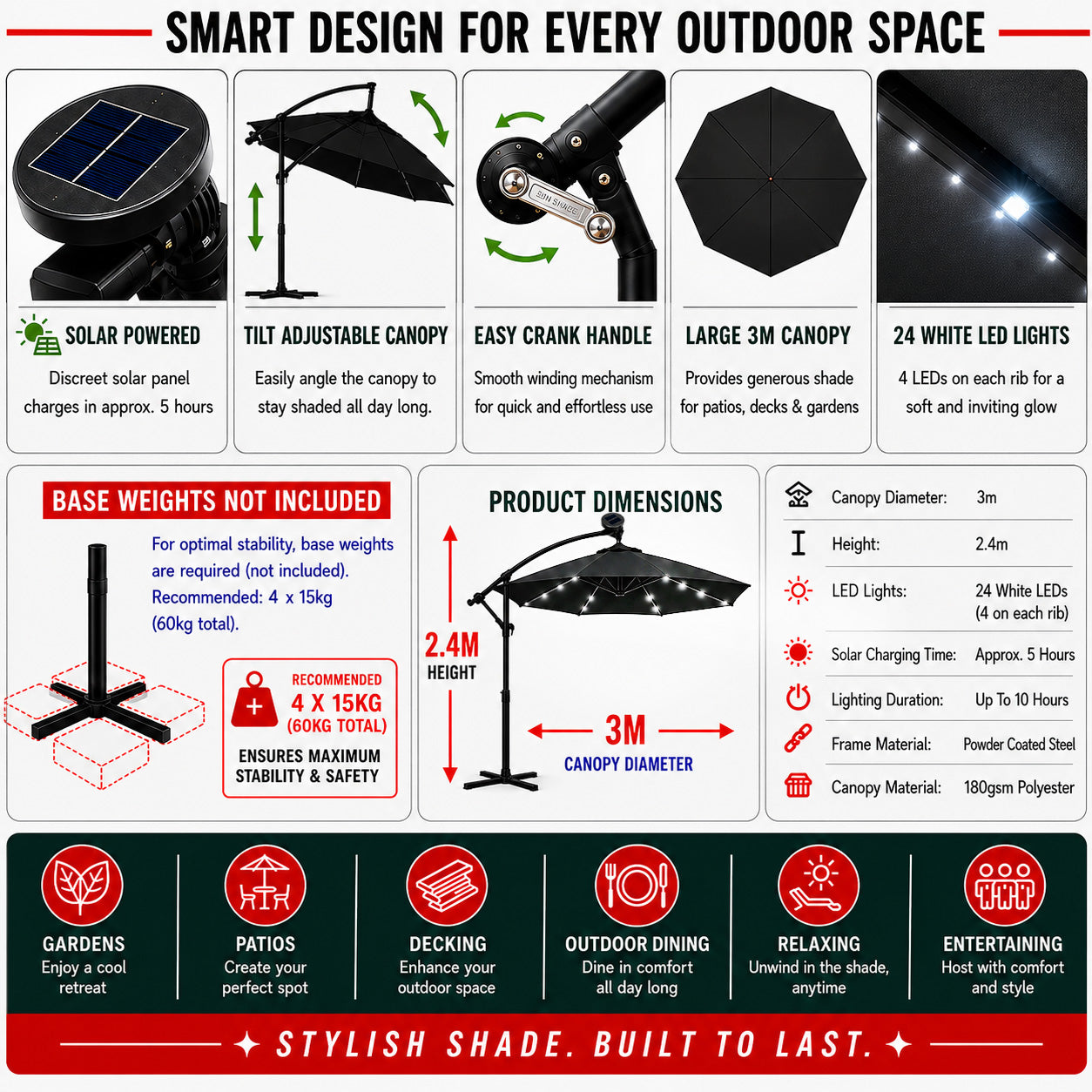 Samuel Alexander 3m Solar Powered Cantilever Lit Banana Garden Parasol with Crank Handle & White LED Lights in Black