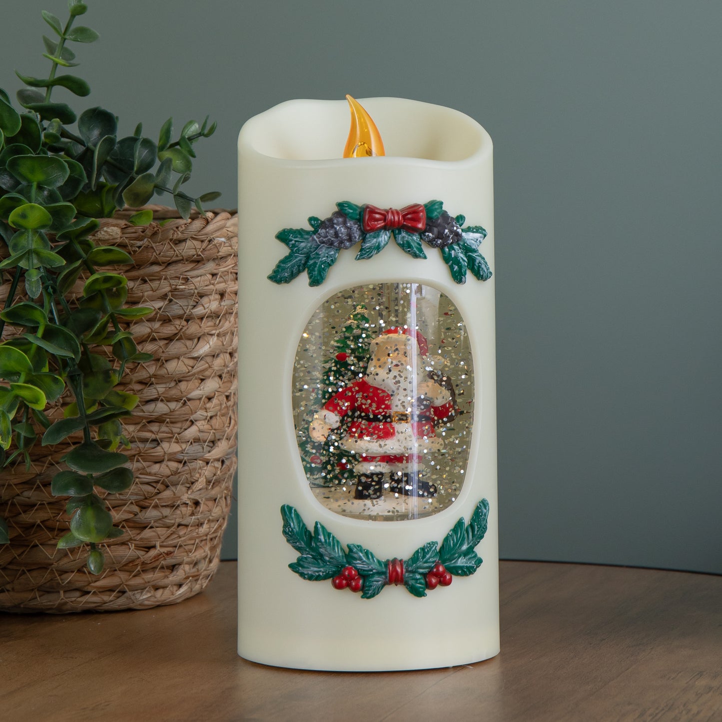 20cm Dual Powered Light up Christmas Pillar Candle Water Spiner with Santa and LEDs