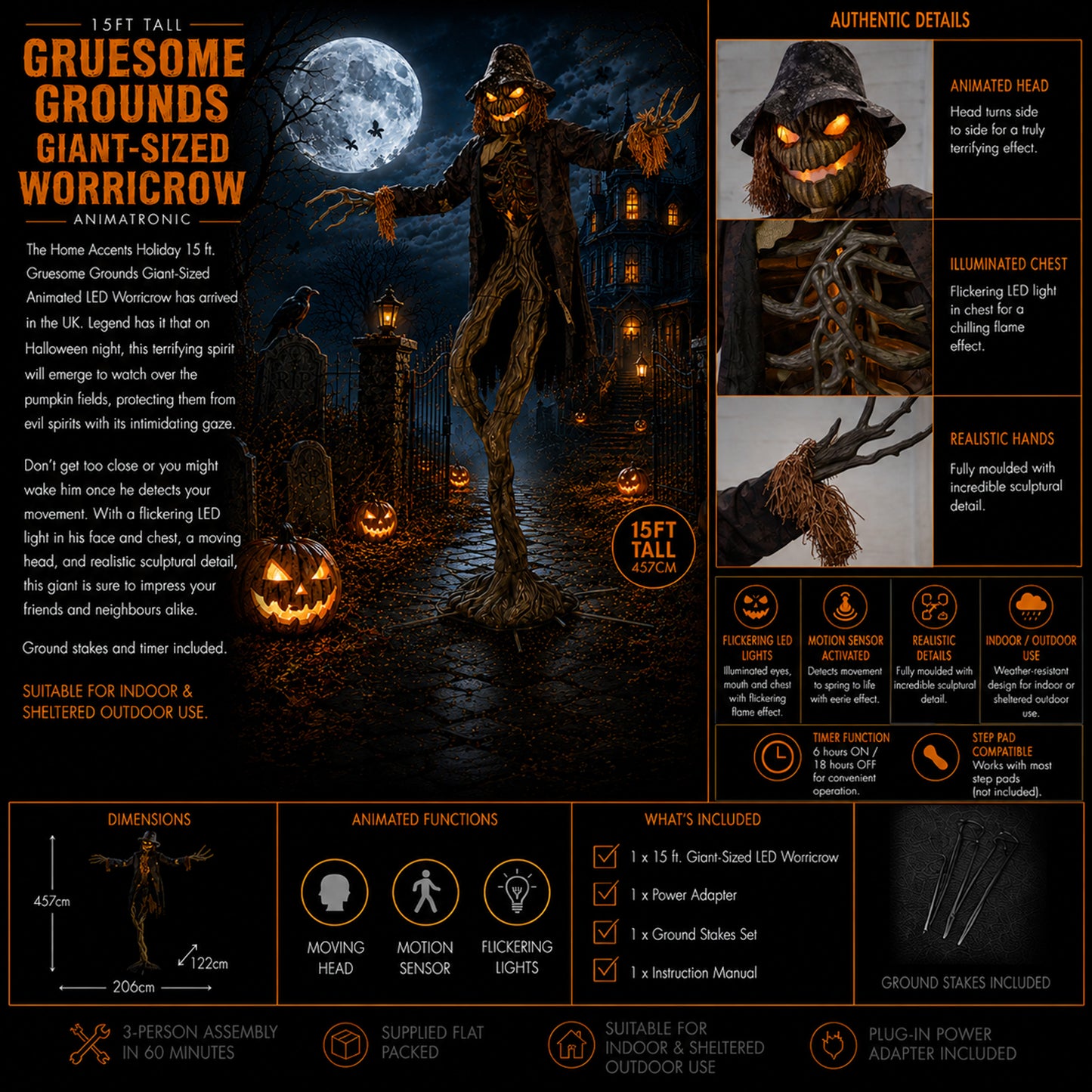 Home Accents 15ft Giant Sized Animated LED Worricrow Scarecrow Halloween Decoration