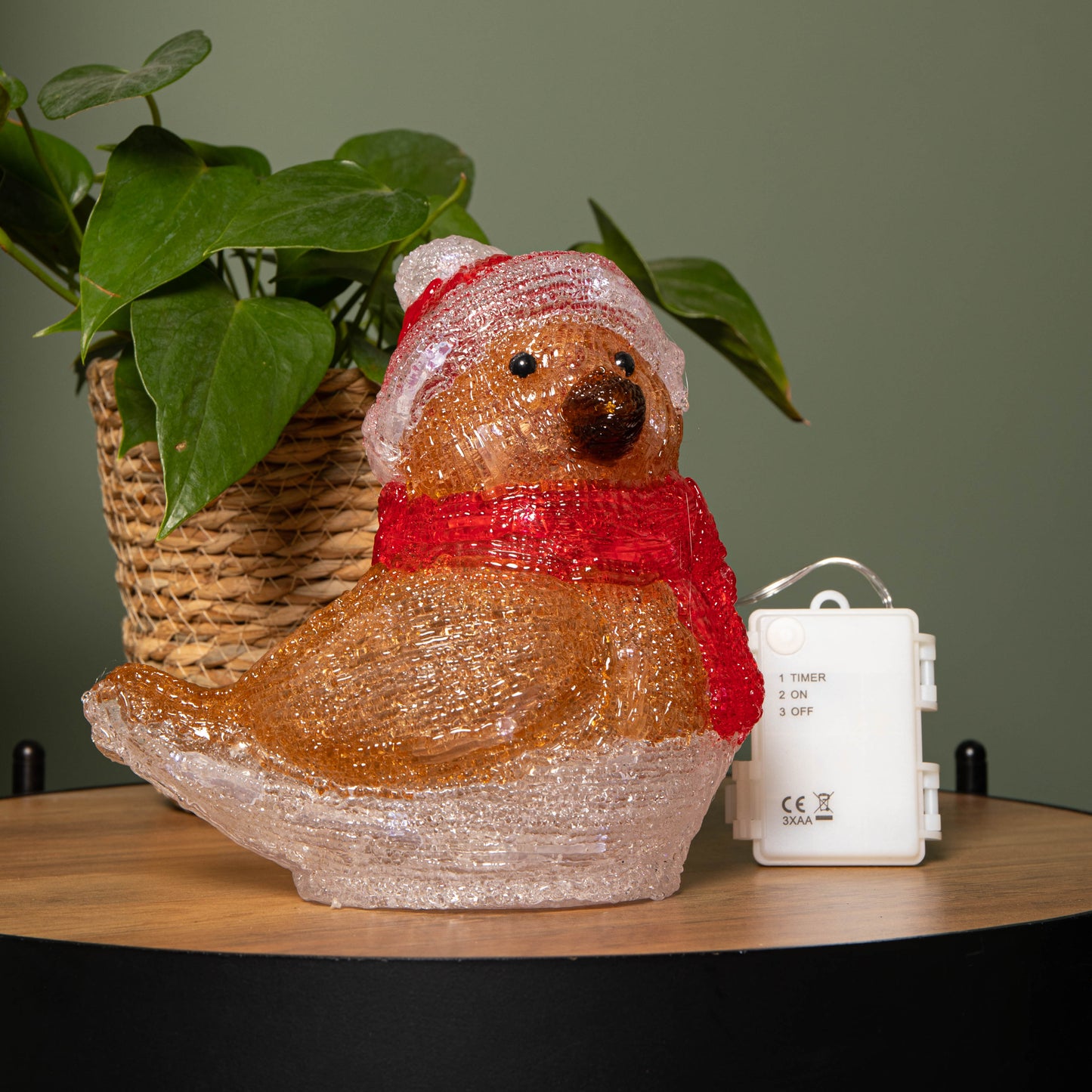 19cm Battery Operated Light up Acrylic Christmas Robin Decoration with 24 White LEDs