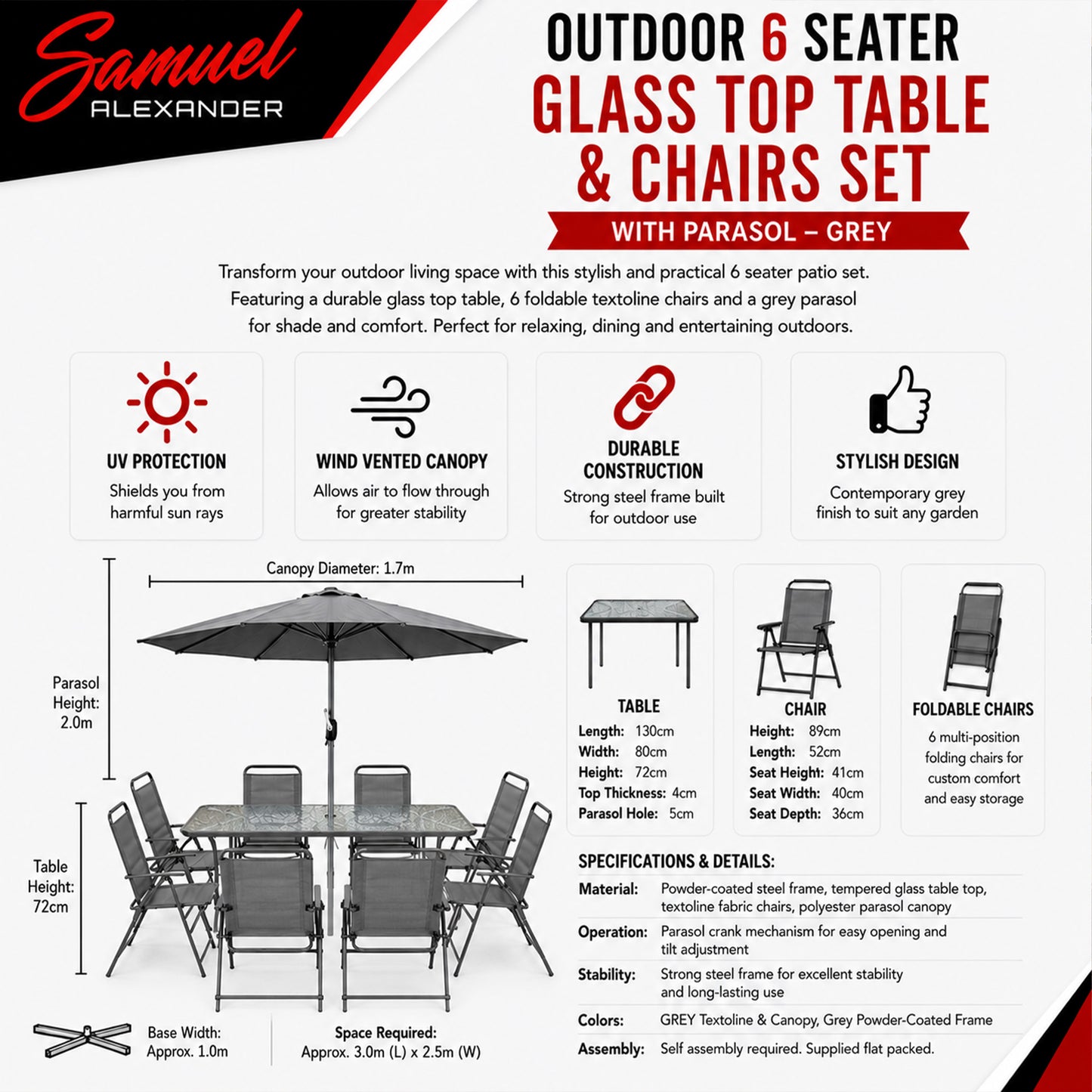 Samuel Alexander Outdoor 6 Seater Glass Top Table and Chairs Patio Set with Parasol in Grey