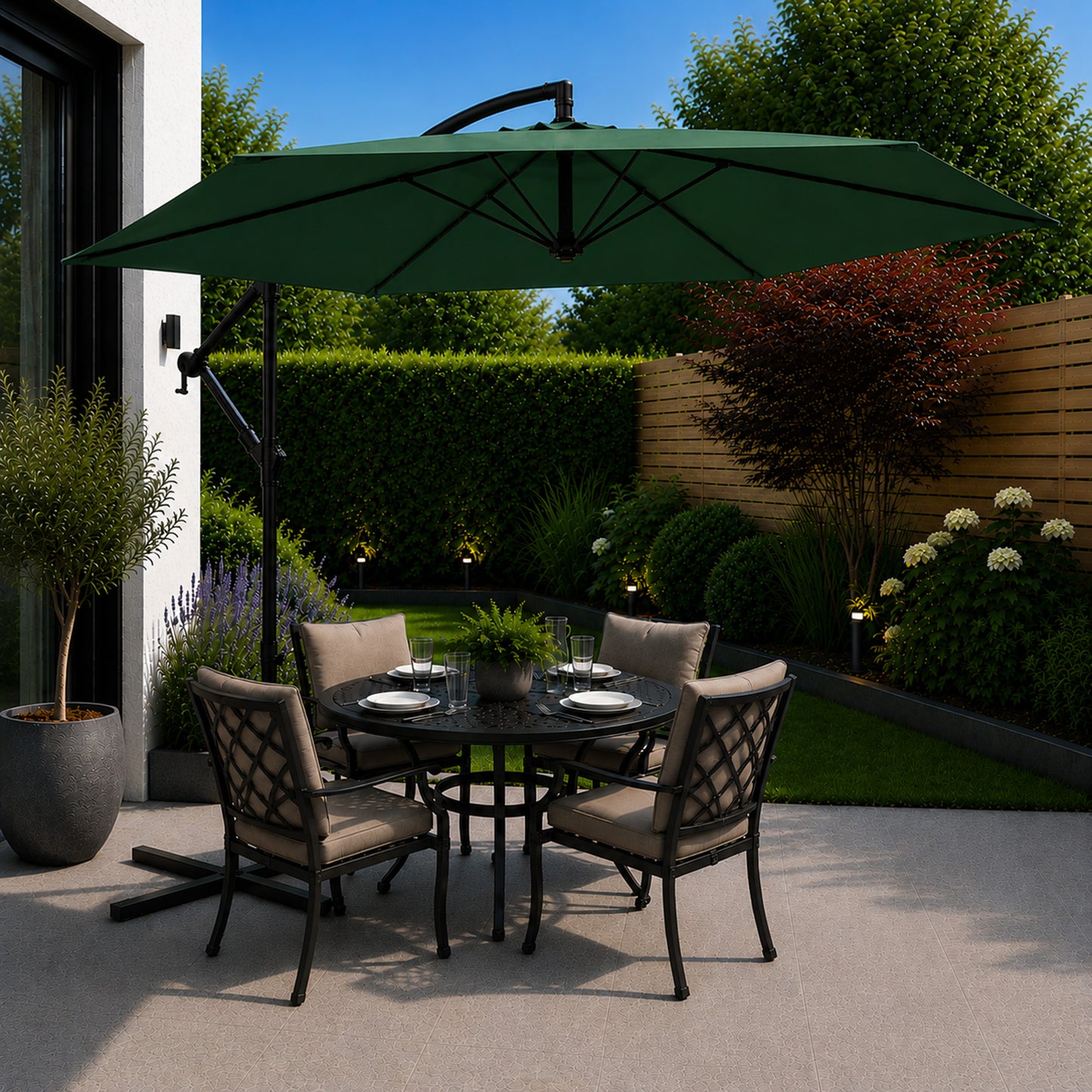 3m Cantilever Banana Garden Parasol with Crank Handle in Green with Base Bag Included