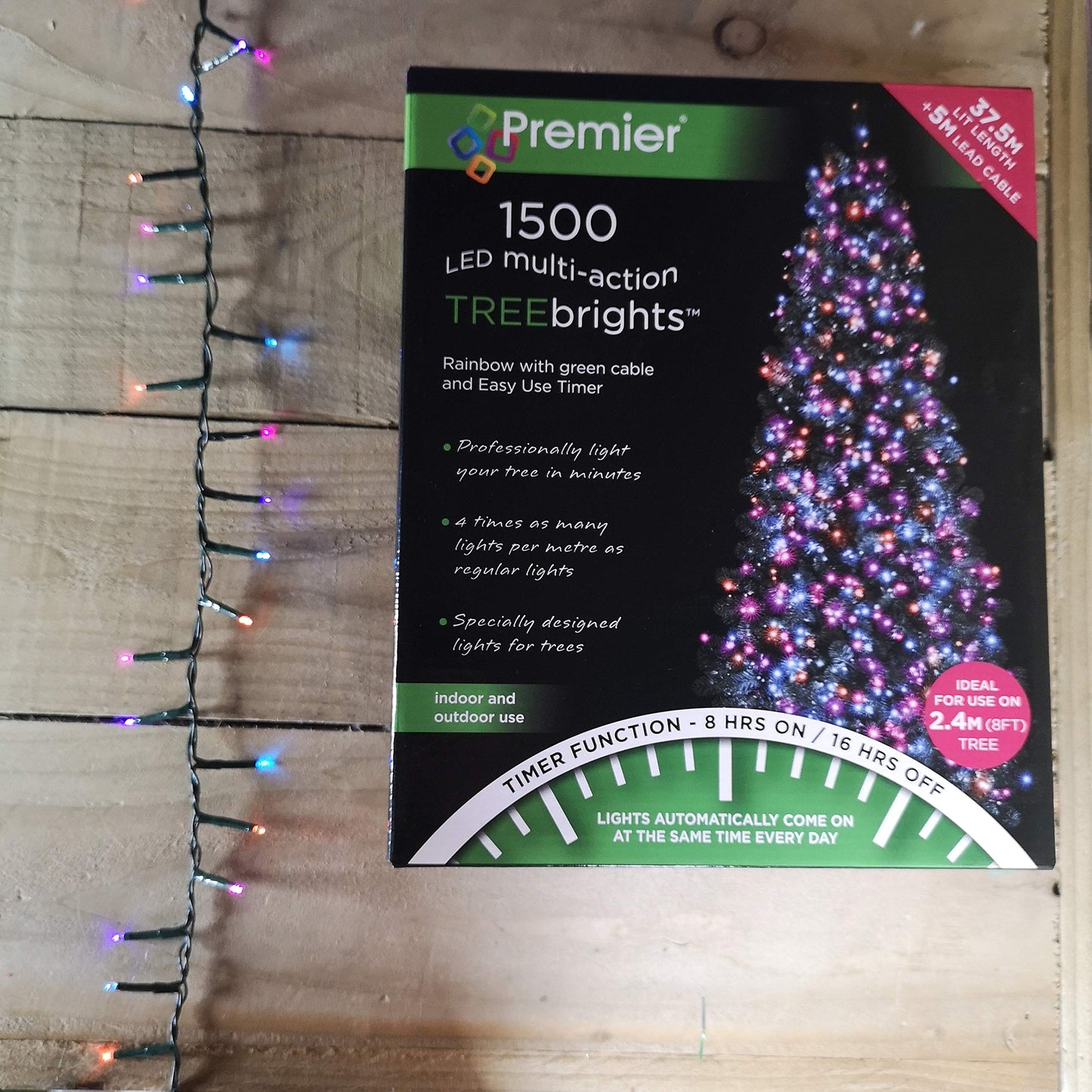 1500 LED 37.5m Premier TreeBrights Indoor Outdoor Christmas Multi Function Mains Operated String Lights with Timer in in Rainbow