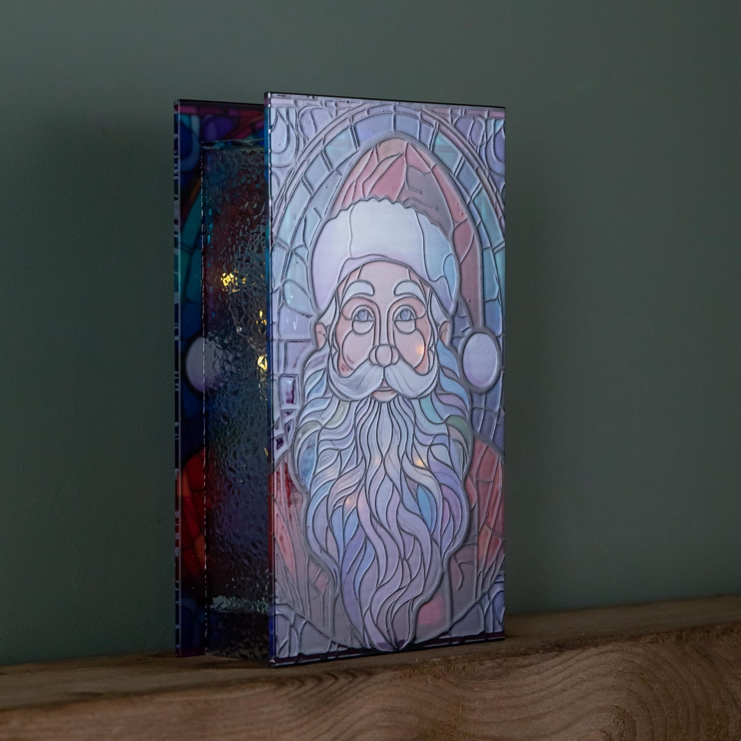 21cm Battery Operated Light up Double Sided Stained Glass Santa Decoration with LEDs