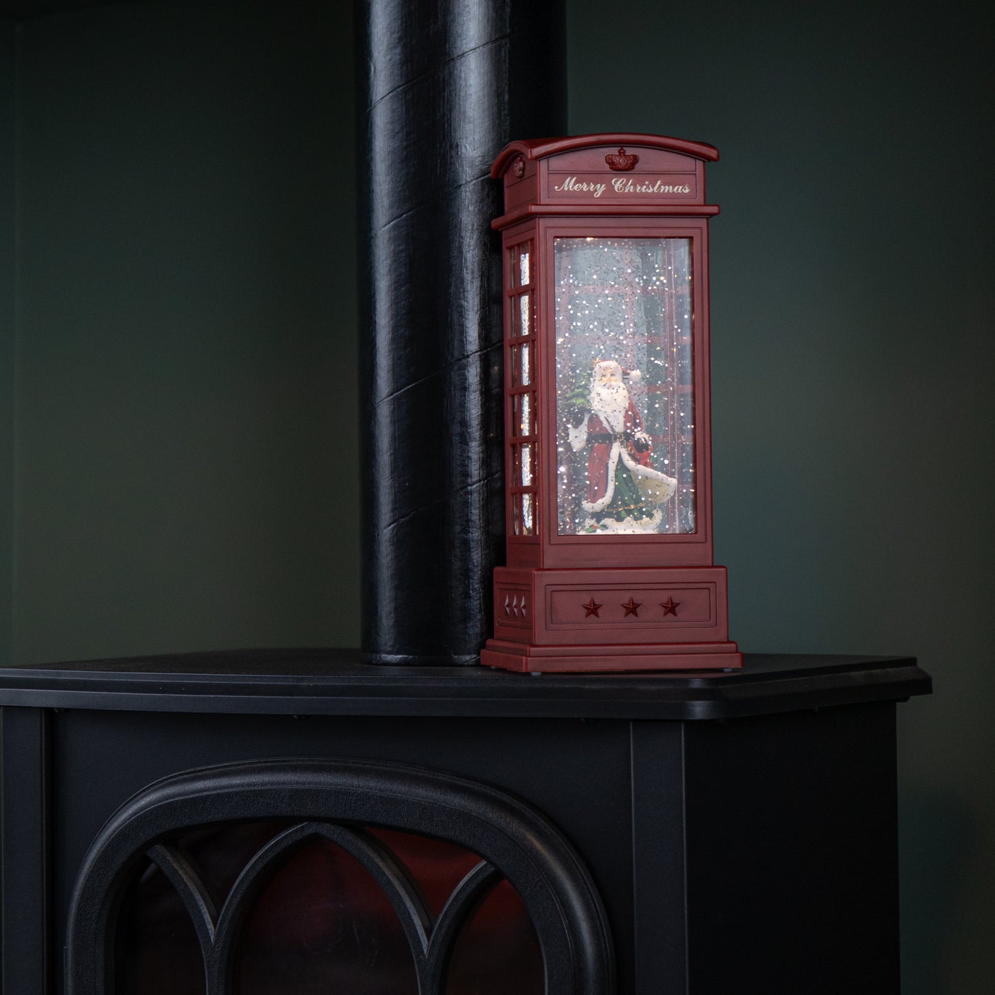 25cm Battery Operated Light up Christmas Phone Box Water Spinner with Santa Scene & LEDs