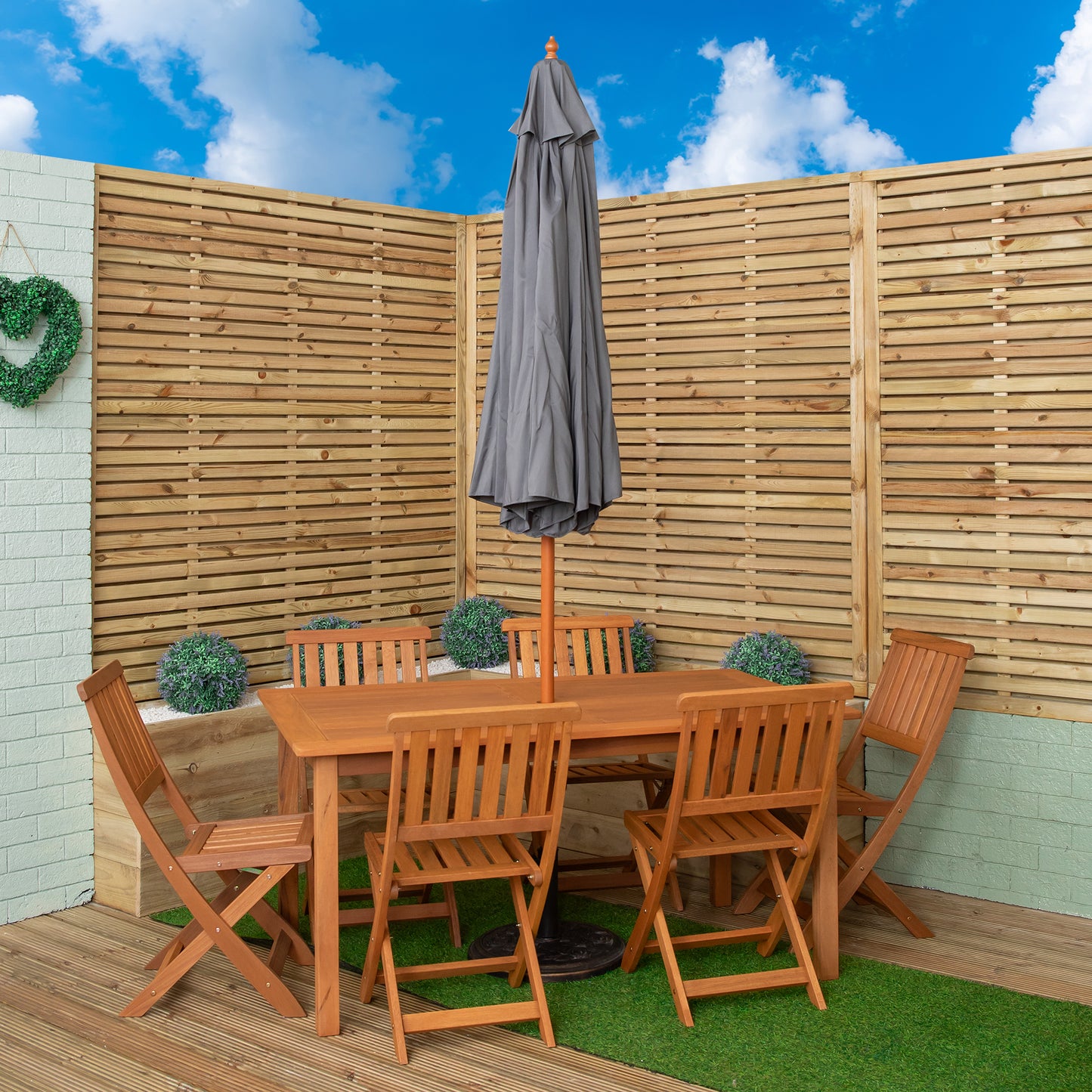 Outdoor 6 Person Rectangular Wooden Garden Patio Dining Table Chairs with Grey Parasol and Base Set