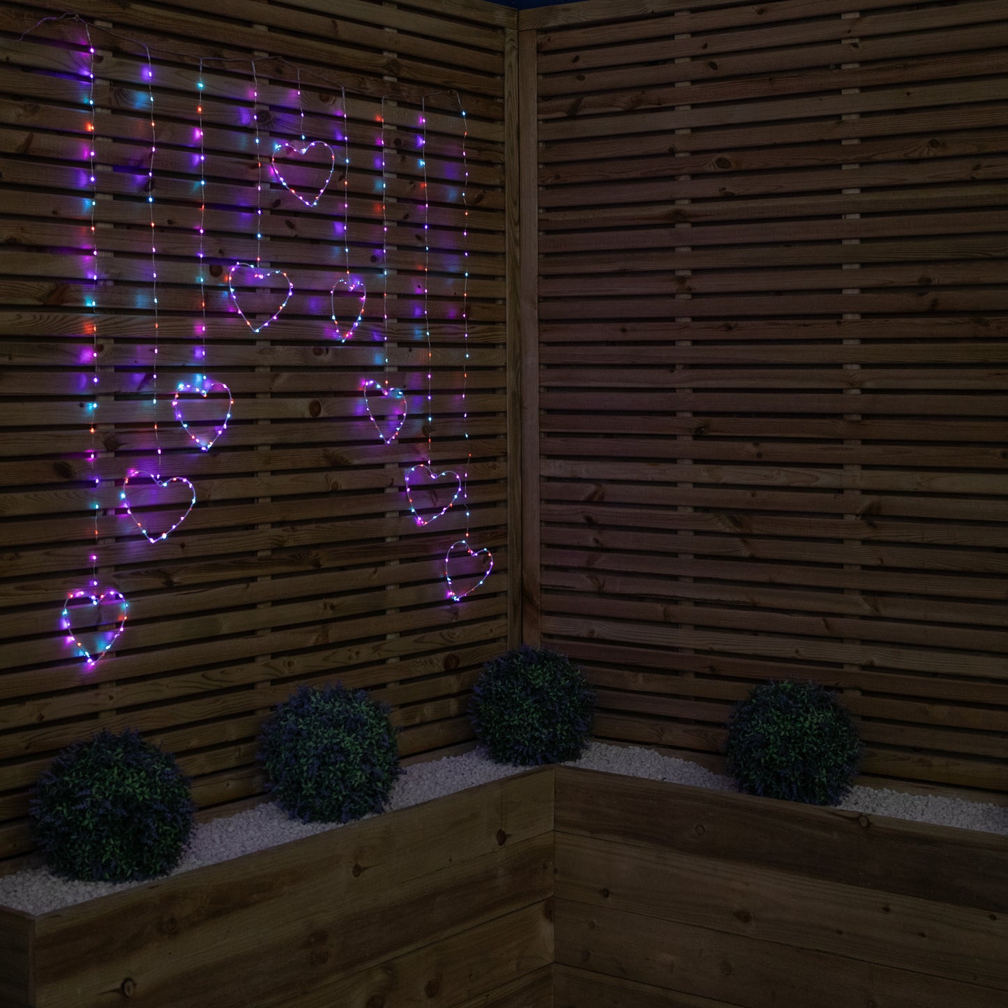 1.2m Premier Christmas Static Heart LED Silver Pin Wire V Curtain Lights in Rainbow