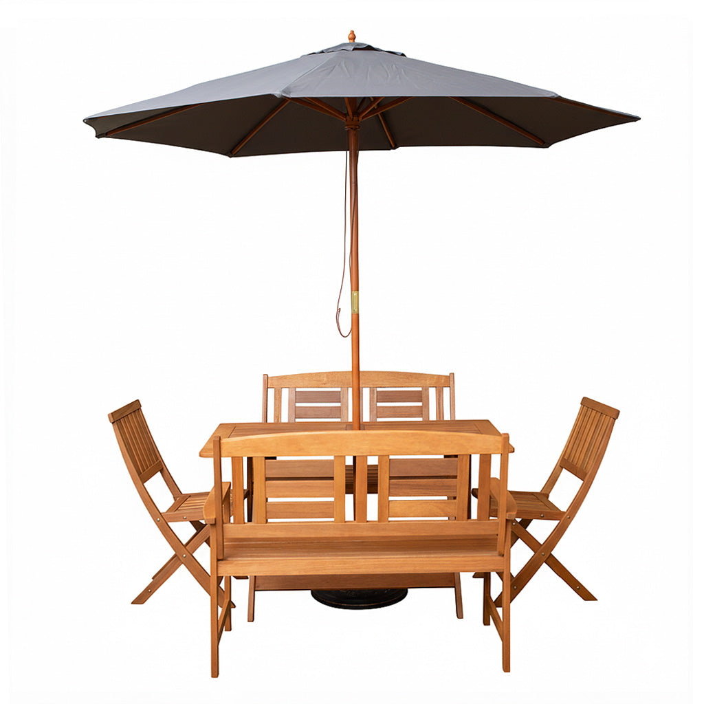Outdoor 6 Person Folding Wooden Garden Dining Table Chairs and 2 Benches Grey Parasol and Base set