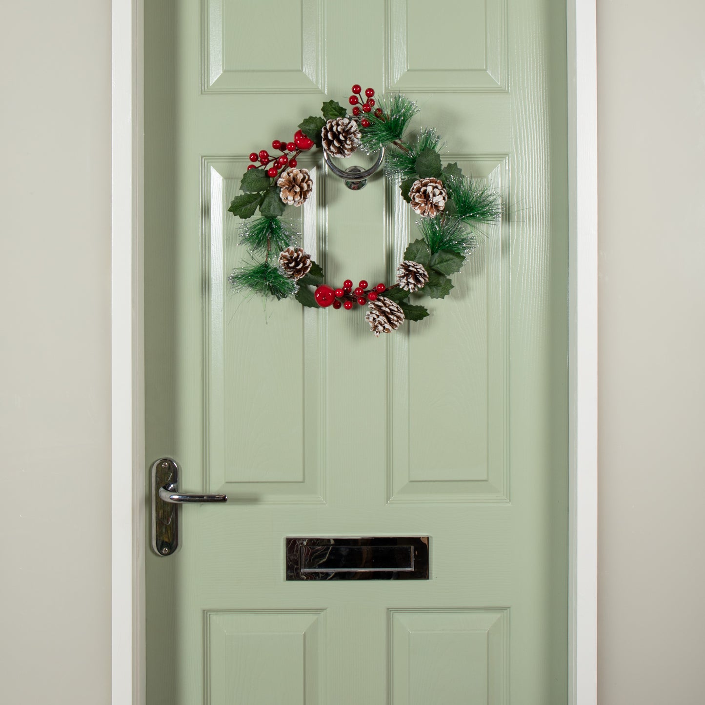 45cm Hanging Christmas Wreath with Red Berries and Frosted Pinecones