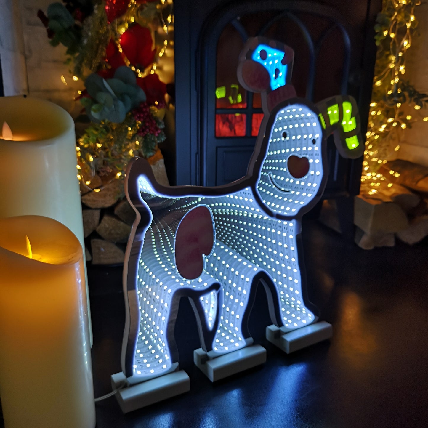 40cm LED Infinity Snowdog Christmas Decoration with Wooden Base