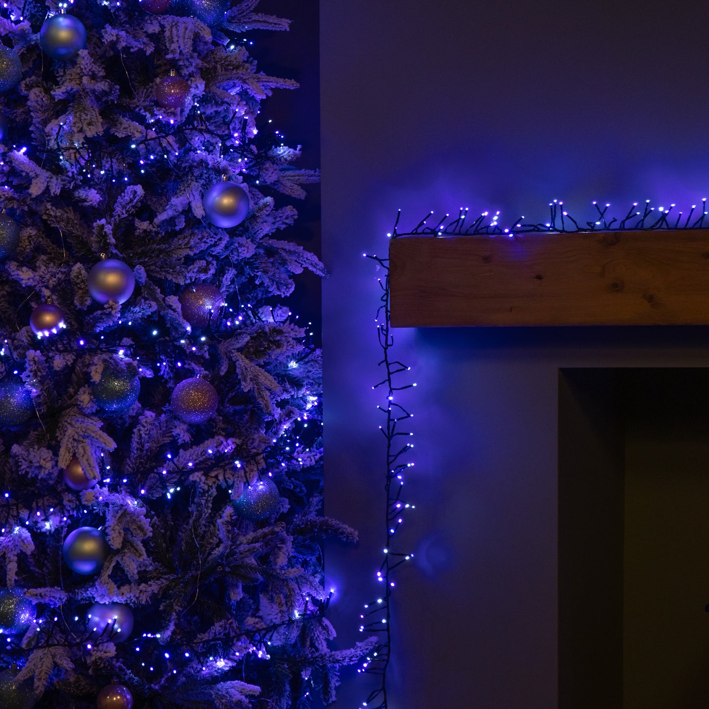 9.3m 720 LED Christmas Cluster Multi-Action String Lights with Timer in Blue, Purple & White