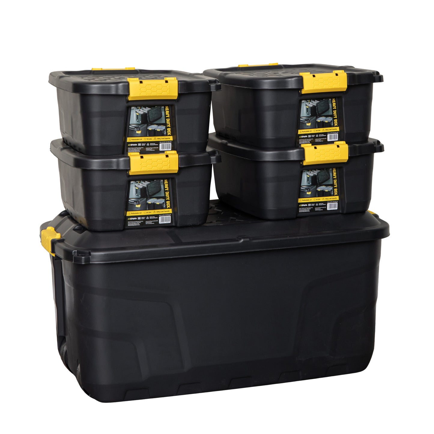 1 x 145L & 4 x 24L Heavy Duty Lockable & Stackable Storage Tub Chest with Clips