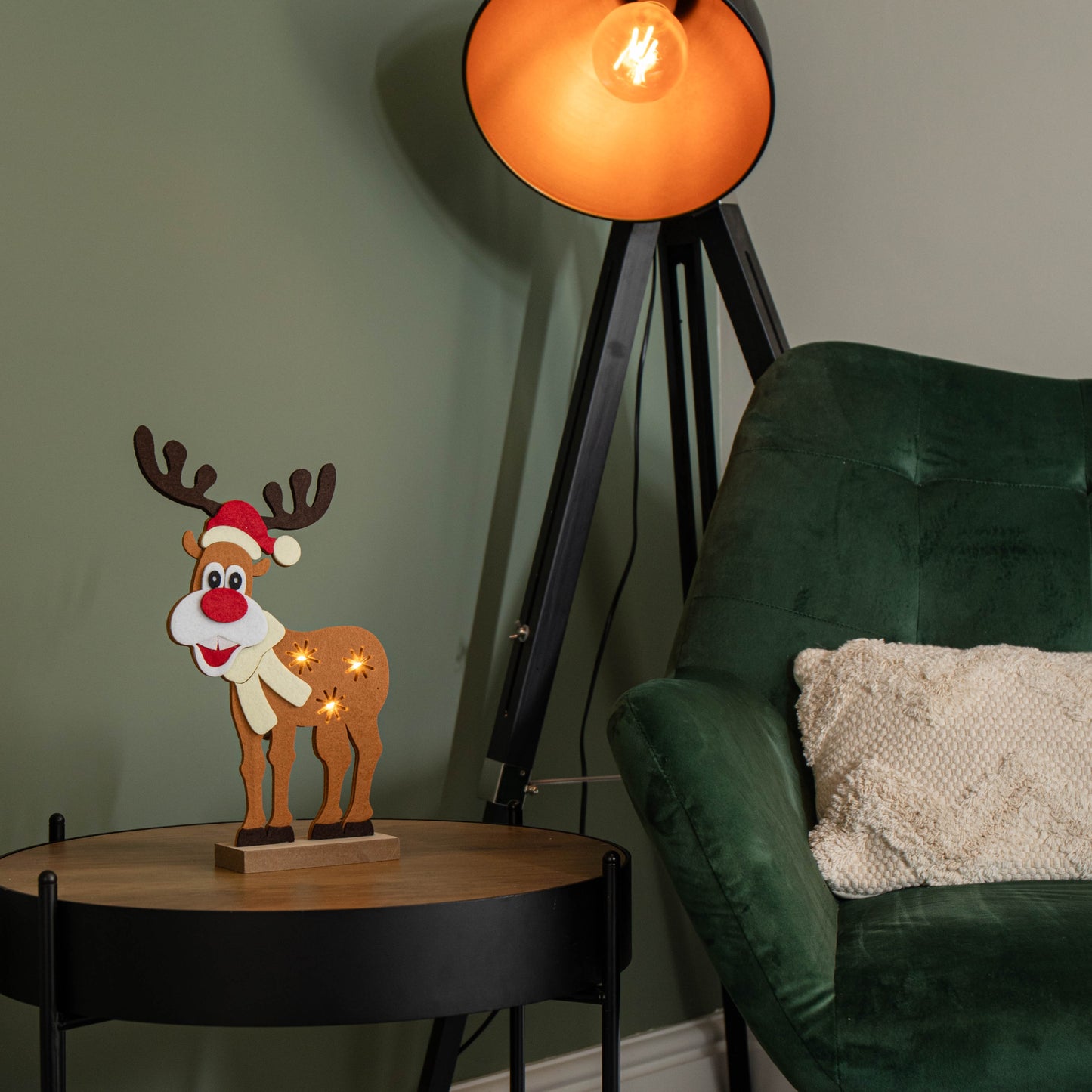 32cm Battery Operated Light up Felt Reindeer with Santa Hat and Warm White LEDs