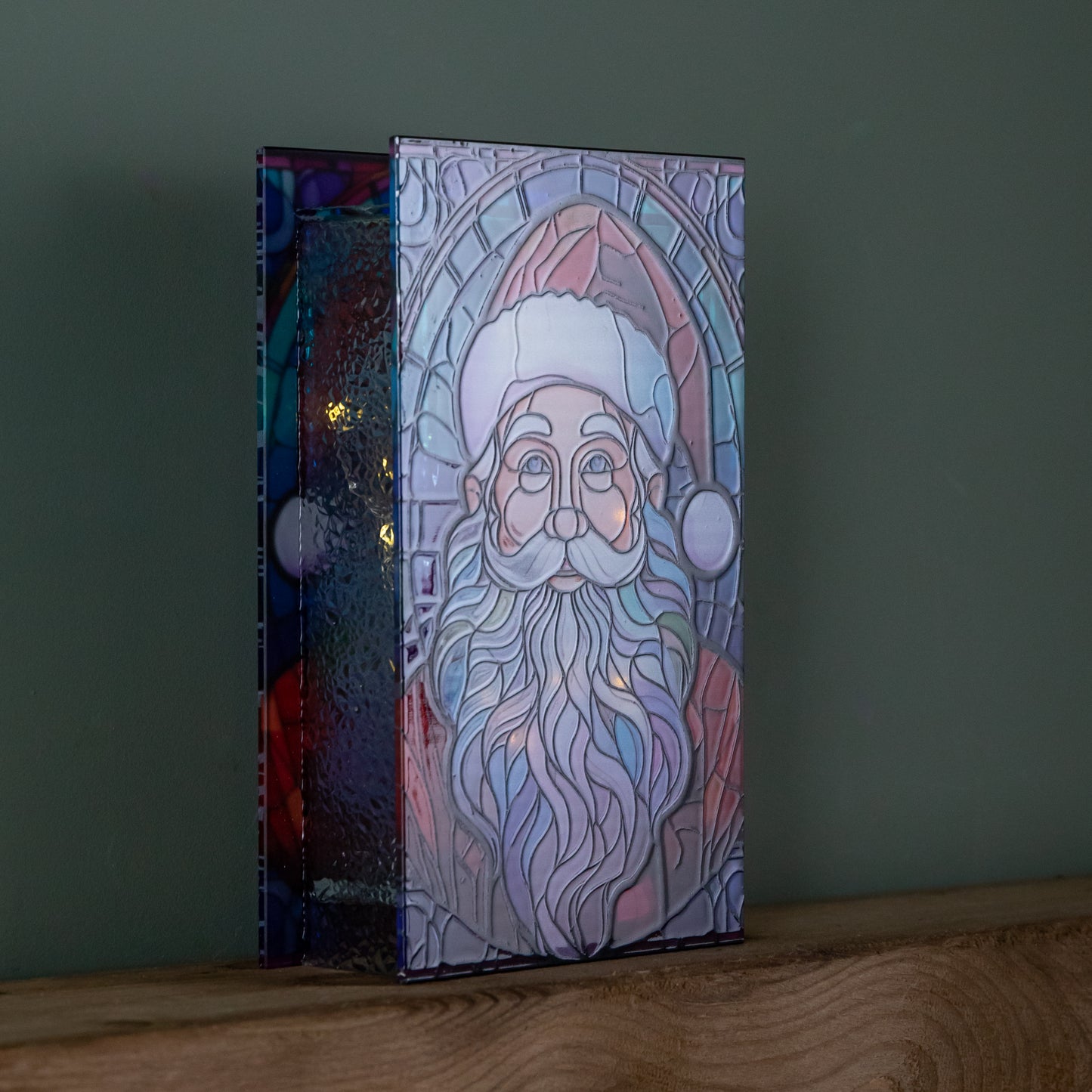 21cm Battery Operated Light up Double Sided Stained Glass Santa Decoration with LEDs