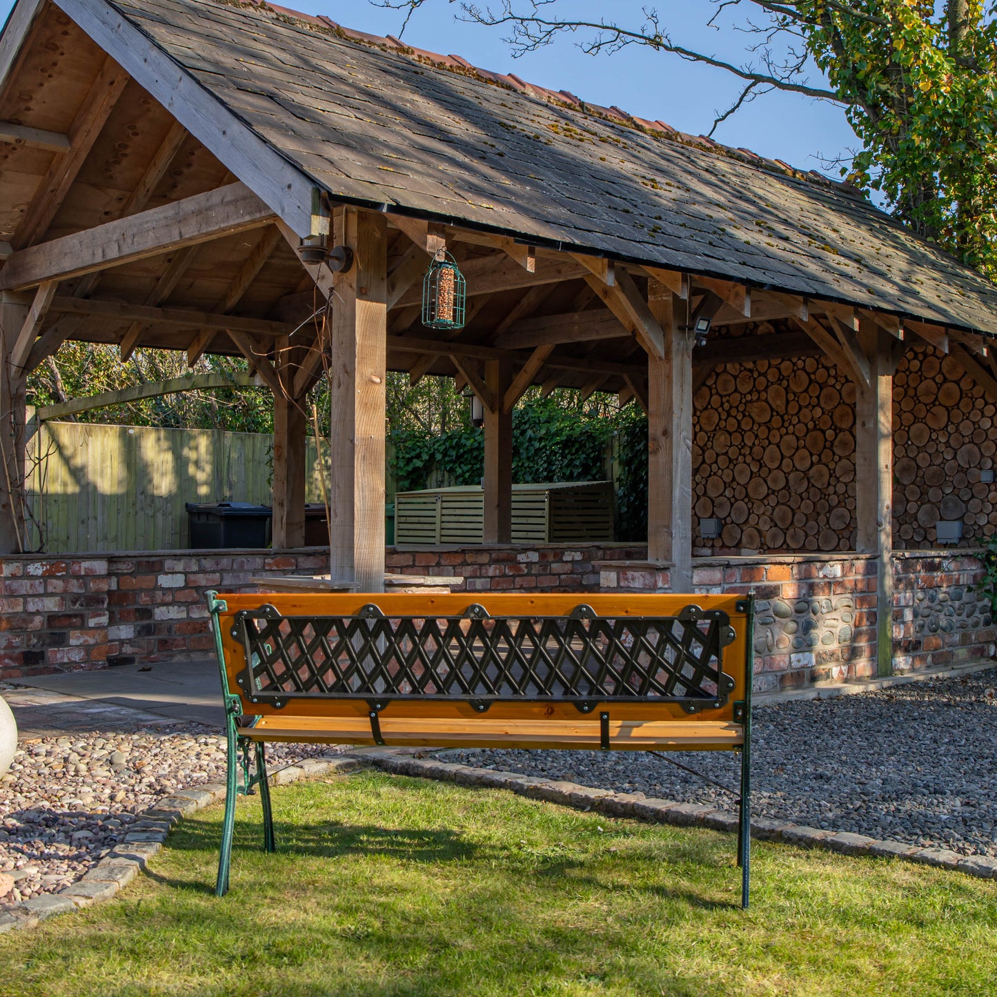 2 Seater Outdoor Wooden Cast Iron with Lattice Design Garden Patio Bench