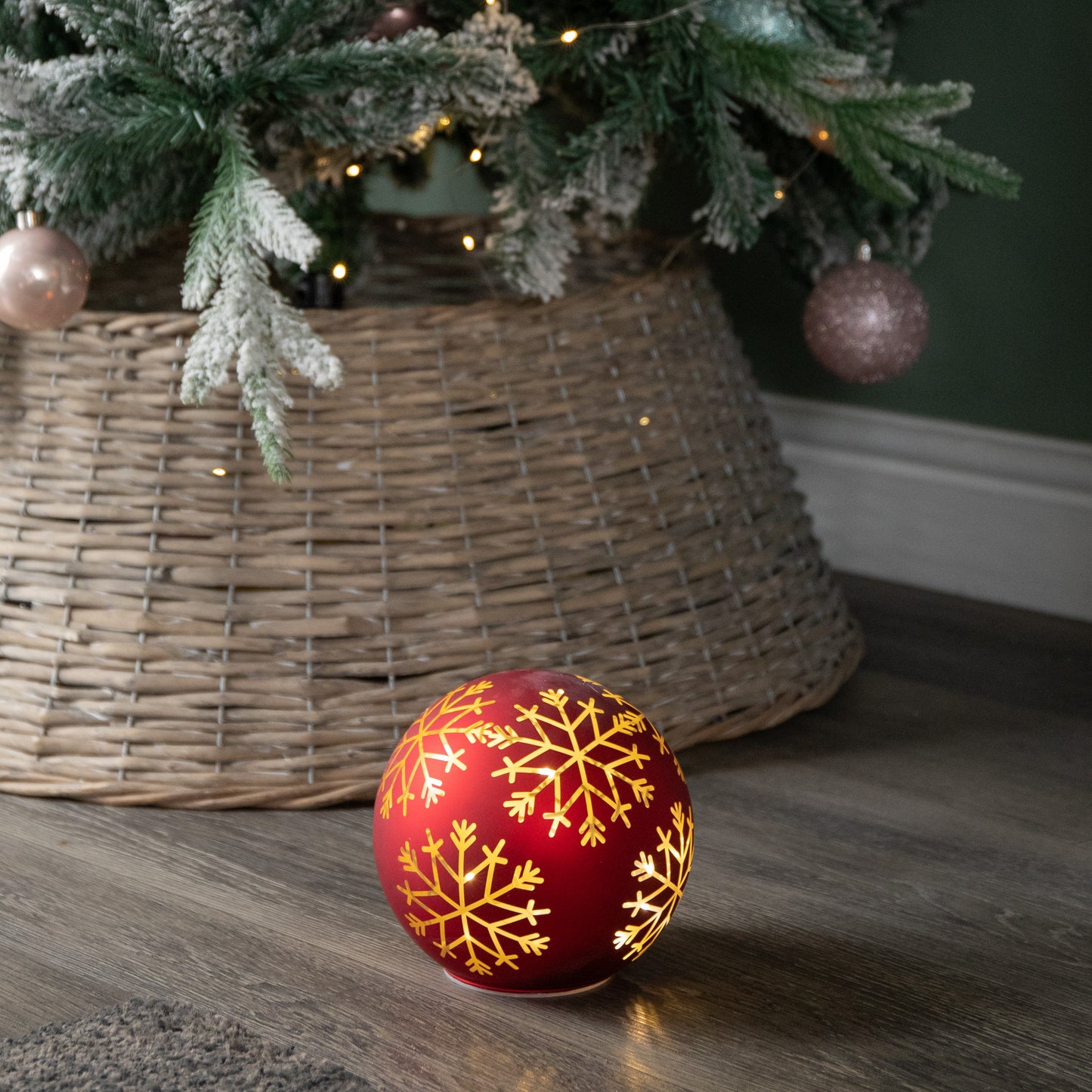 15cm Battery Operated Light up Snowflake Glass Ball in Red with Warm White LEDs