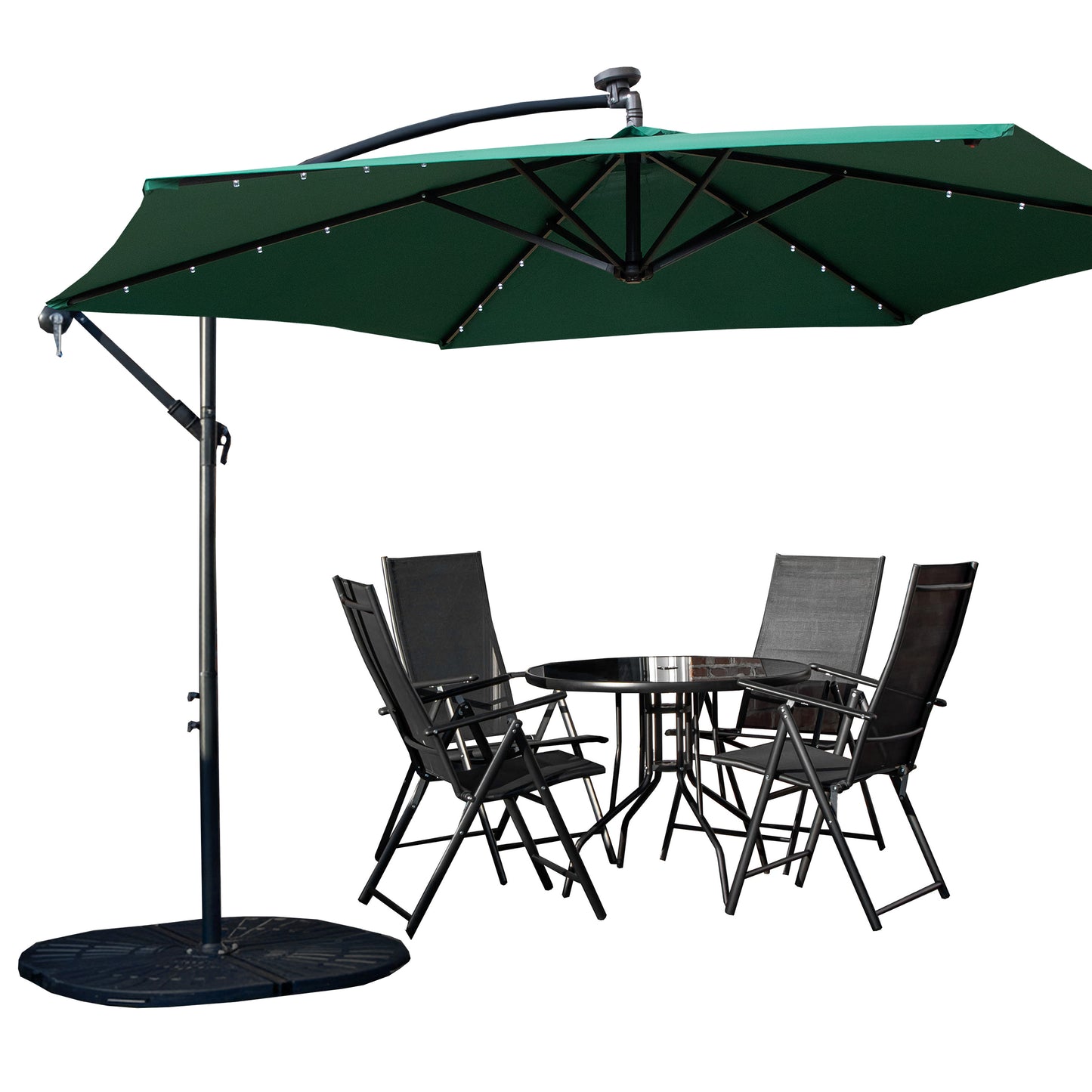 Outdoor 4 Person Round Glass Top Garden Dining Table Chairs With Green Banana Lit Parasol and Base Set