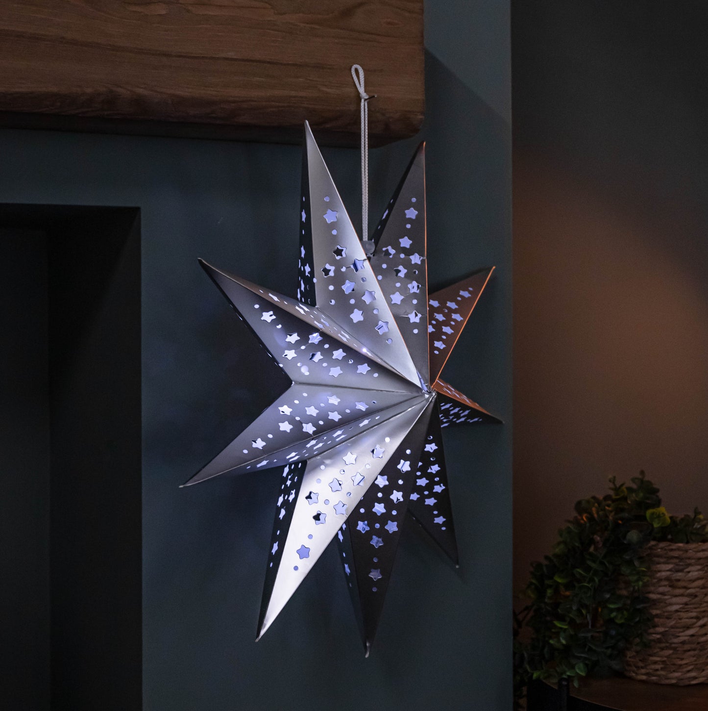 50cm Battery Powered Light up Silver Origami Hanging Christmas Star with LEDs