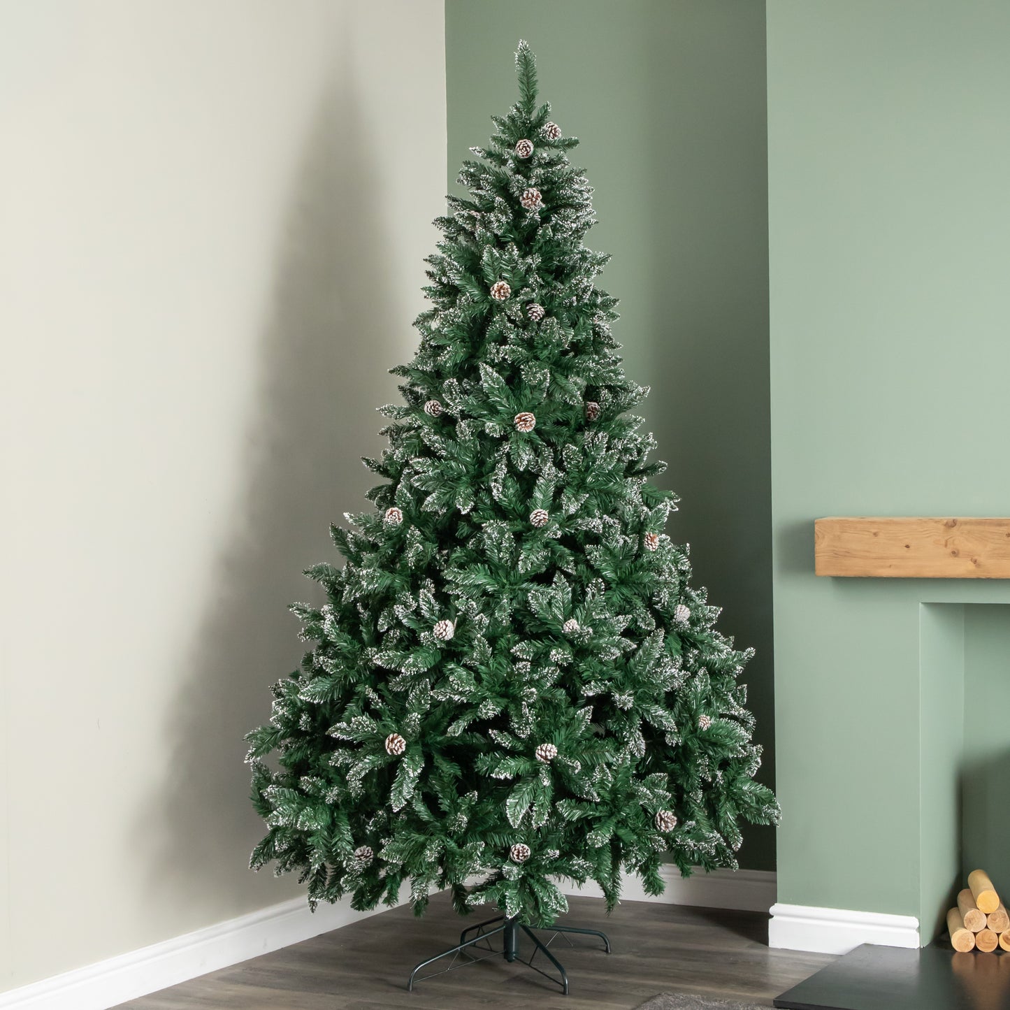 2.4m /8ft Rocky Mountain Pine Green Artificial Christmas Tree Snow Tip and Pine Cones