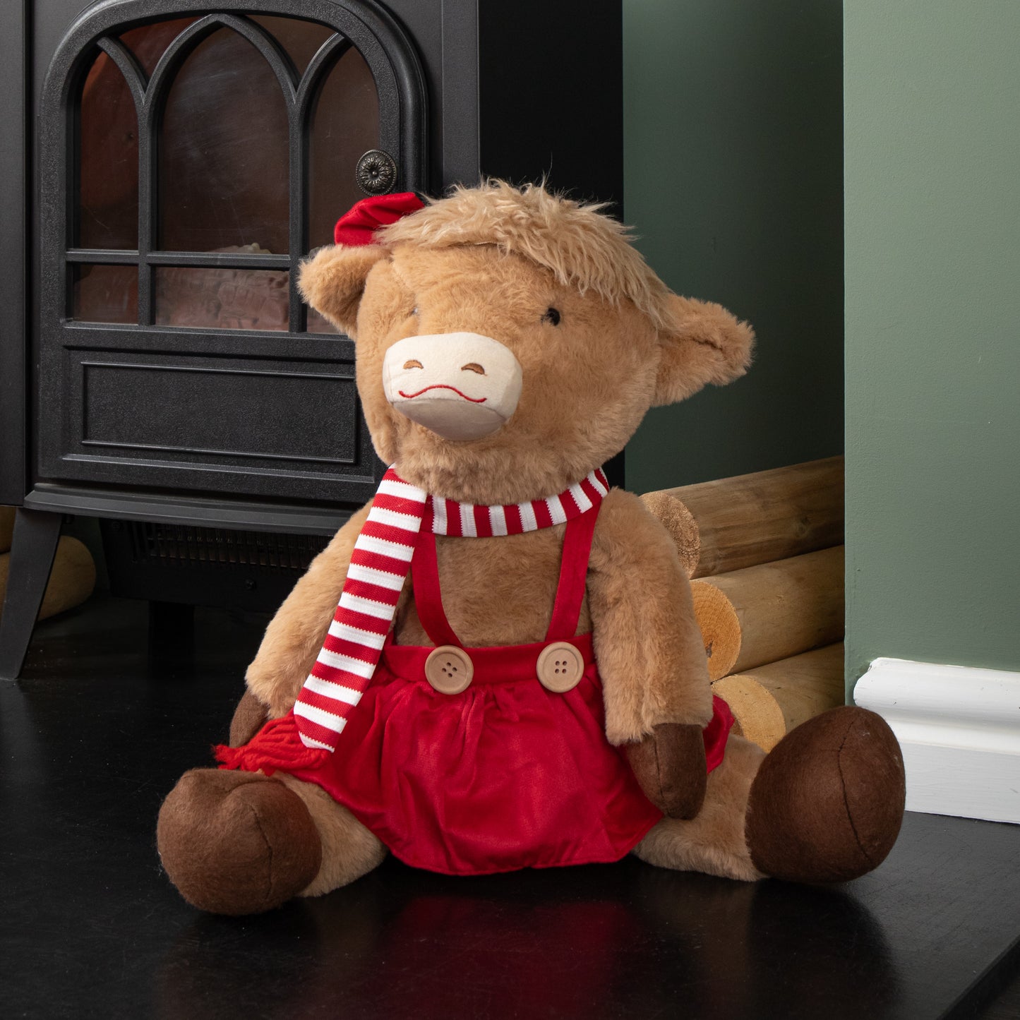 36cm Tall Plush Sitting Christmas Highland Girl Cow in Red Dress