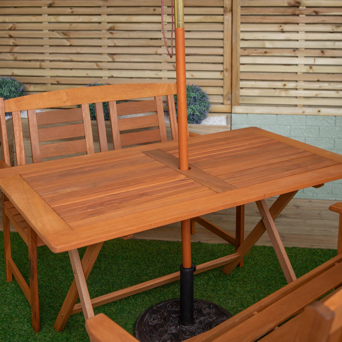 Outdoor 4 Person Folding Rectangular Wooden Garden Dining Table Benches Grey Parasol and Base Set