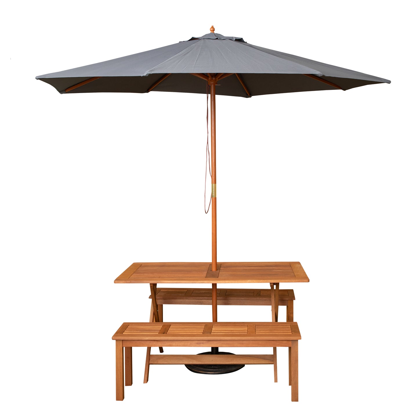 Outdoor 4 Person Rectangular Wooden Garden Dining Table, 2 Benches with Grey Parasol and Base Set
