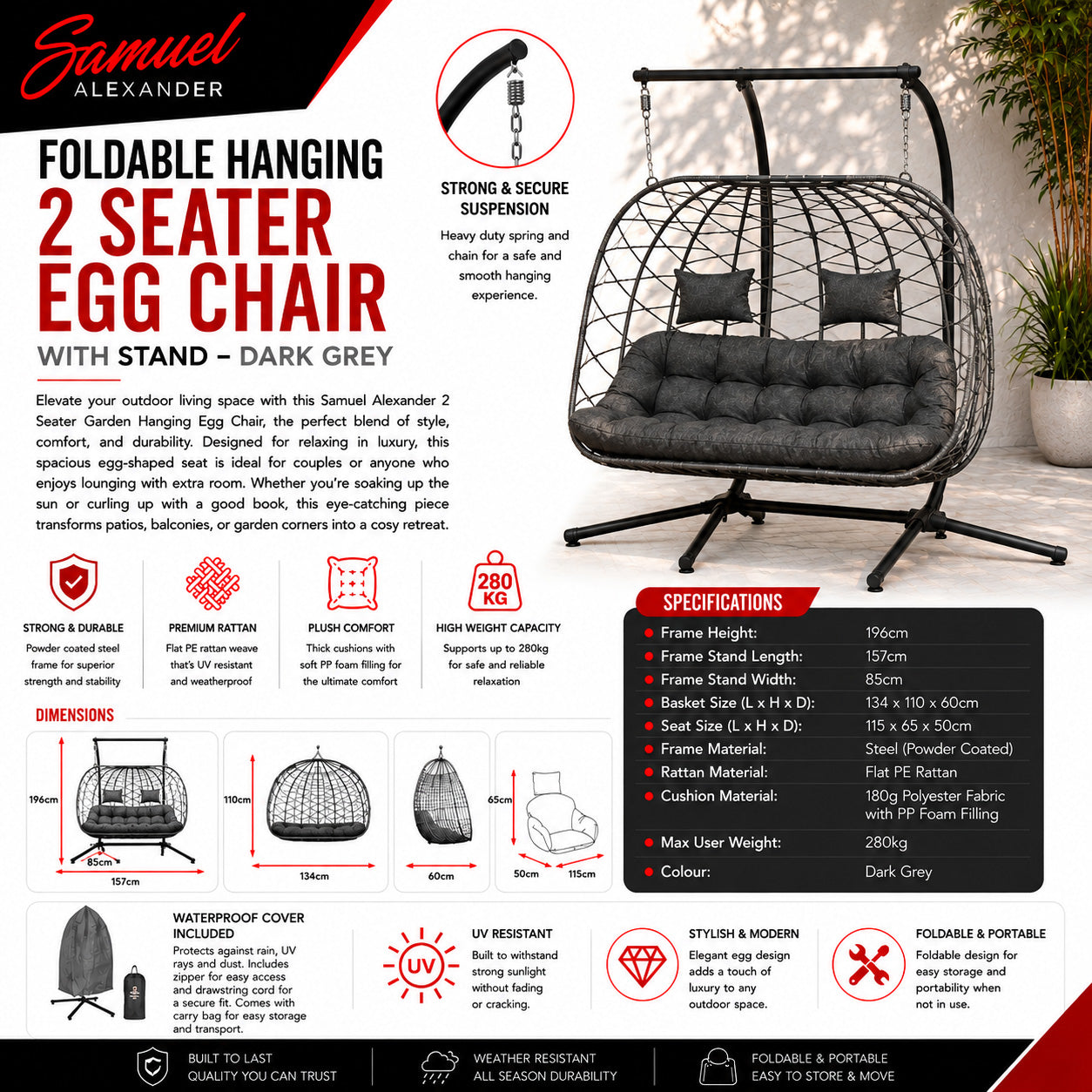 Samuel Alexander 2 Seater Hanging Garden Rattan Egg Chair with Steel Frame and Waterproof Cover in Grey