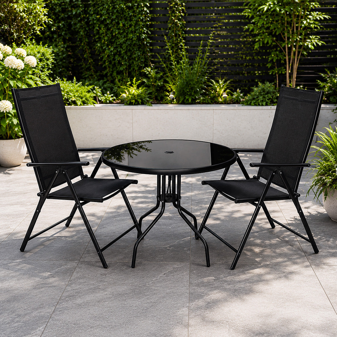 Outdoor 2 Person Round Glass Top Garden Dining Table Chairs Set