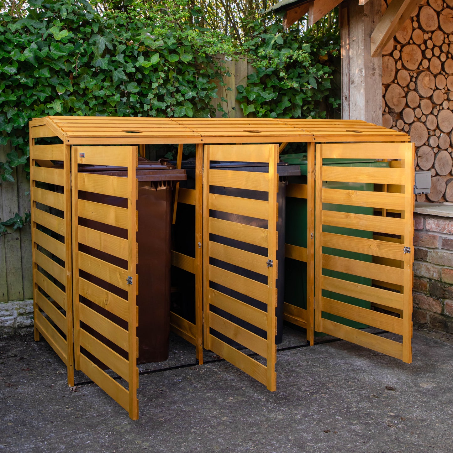 1.99m x 1.25m Large Wooden Outdoor Garden Triple Wheelie Bin Store Storage for 3 Bins