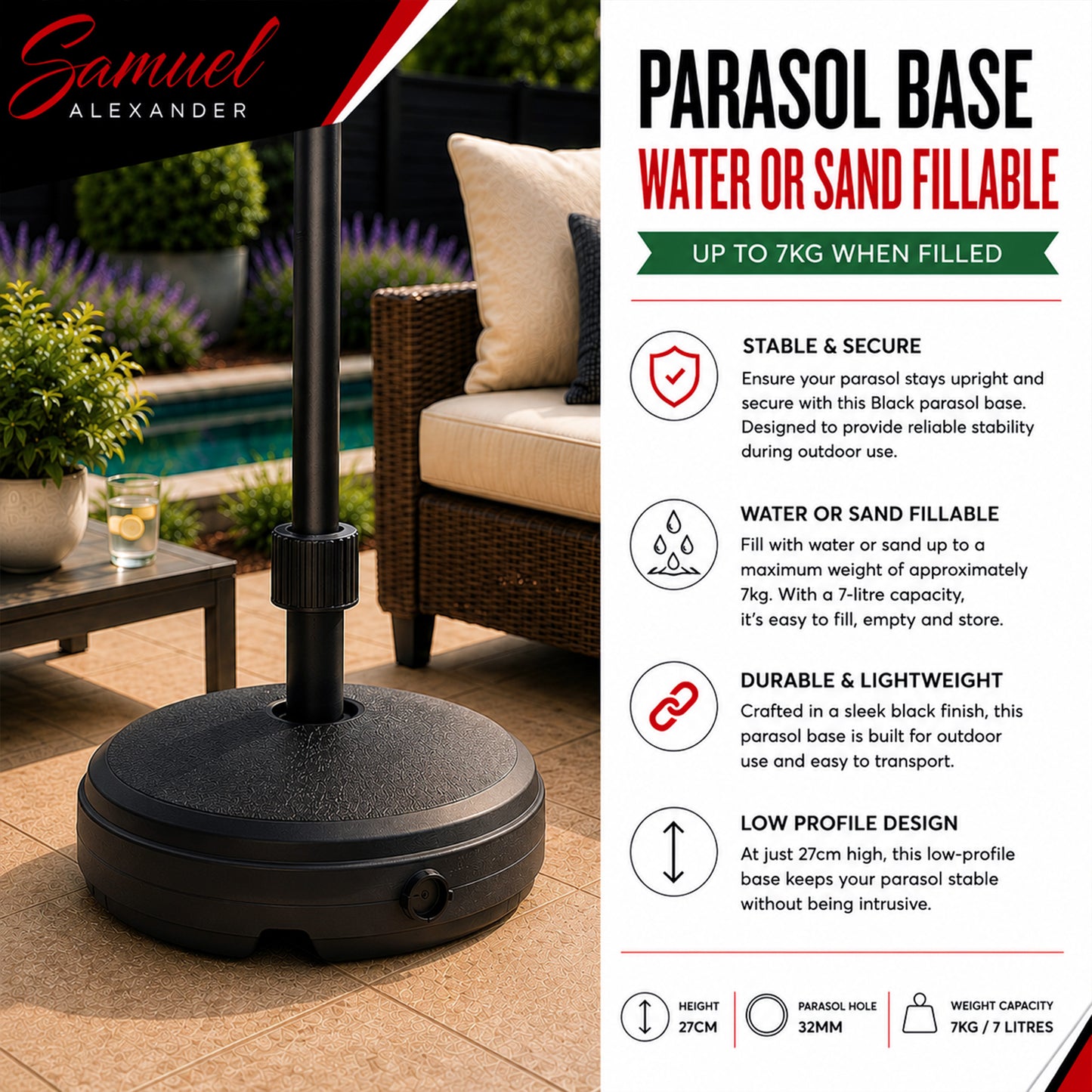 7Kg / 7 Litre Capacity Water Filled Garden Parasol Umbrella Base in Black