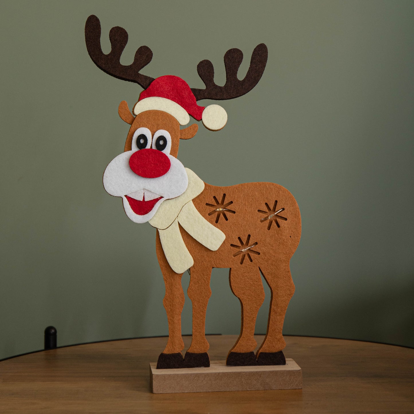32cm Battery Operated Light up Felt Reindeer with Santa Hat and Warm White LEDs