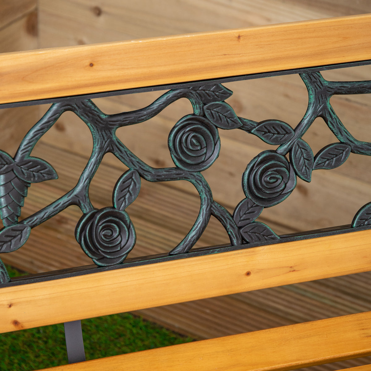 2 Seater Outdoor Wooden & Cast Iron Garden Bench with Rose Design