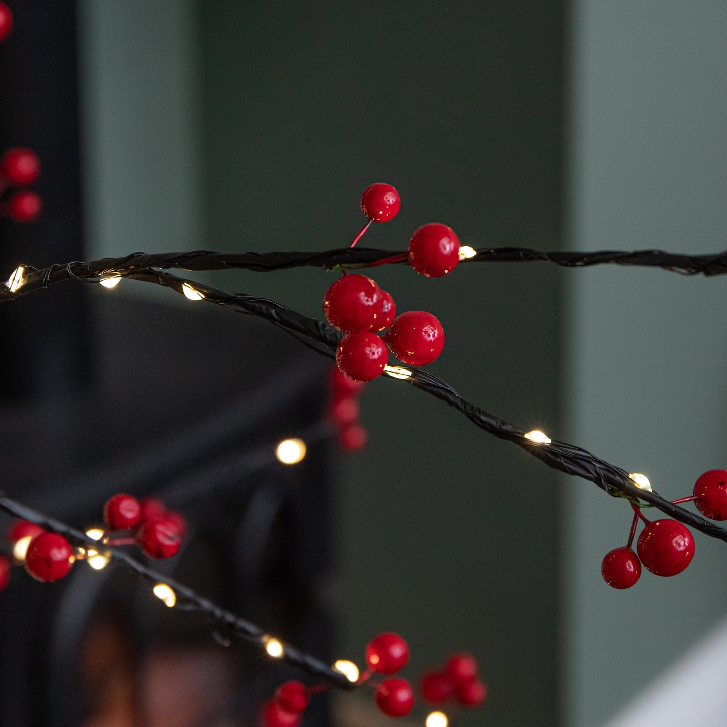 5ft (1.5m) Light up Black Christmas Twig Tree with Red Berries & Warm White LEDs