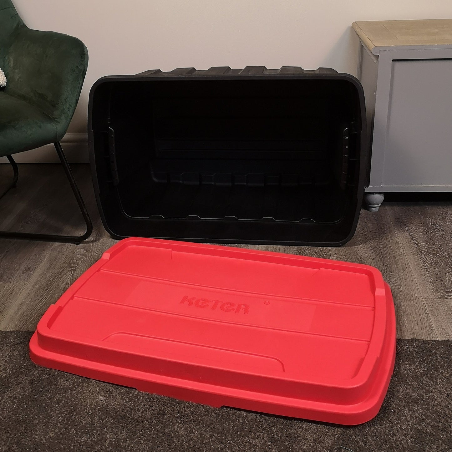 140L Black and Red Tuff Stackable Storage Box with Lid and Carry Handles