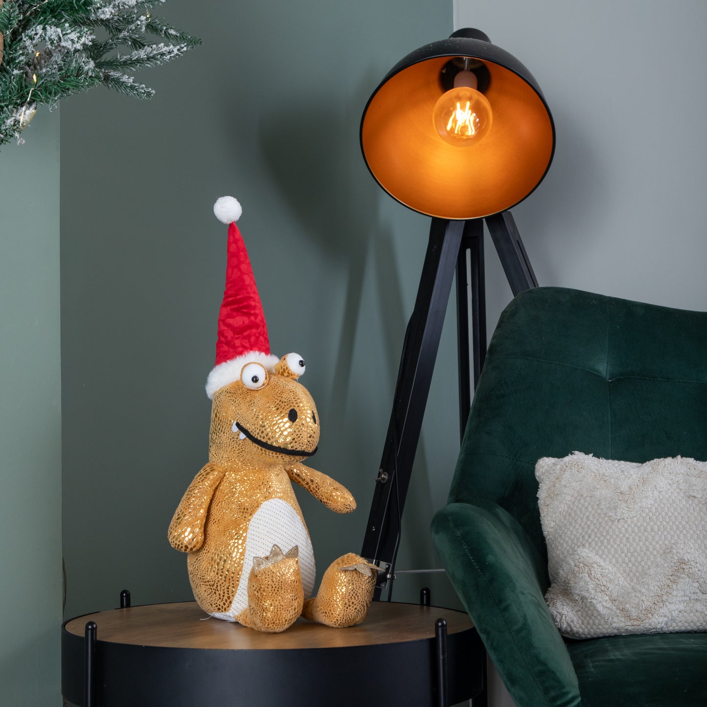 60cm Tall Gold Plush Zilla Dino Standing Christmas Decoration with Santa Hat