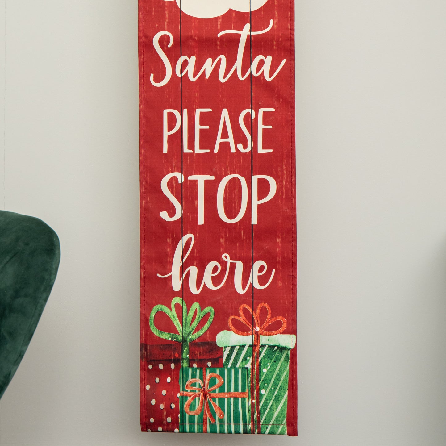 1.2m Battery Operated Light up Hanging Christmas Santa Stop Here Fabric Banner with LEDs