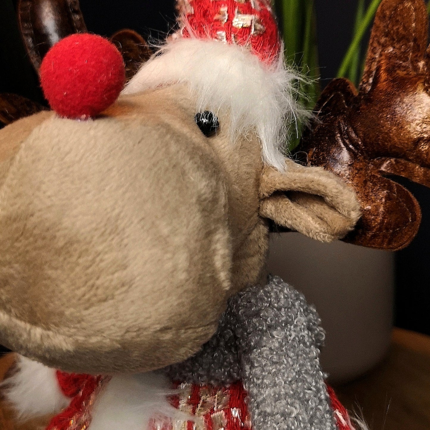 38cm Plush Reindeer Christmas Decoration with Hat and Scarf in Red