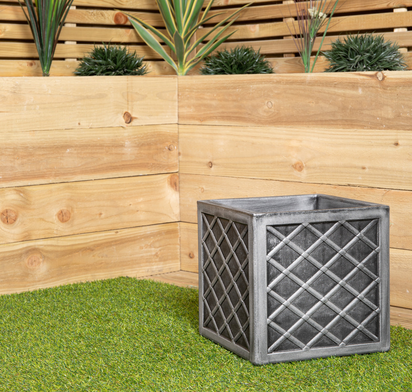 30cm Small Square Plastic Pewter Effect Grey Garden Patio Planter