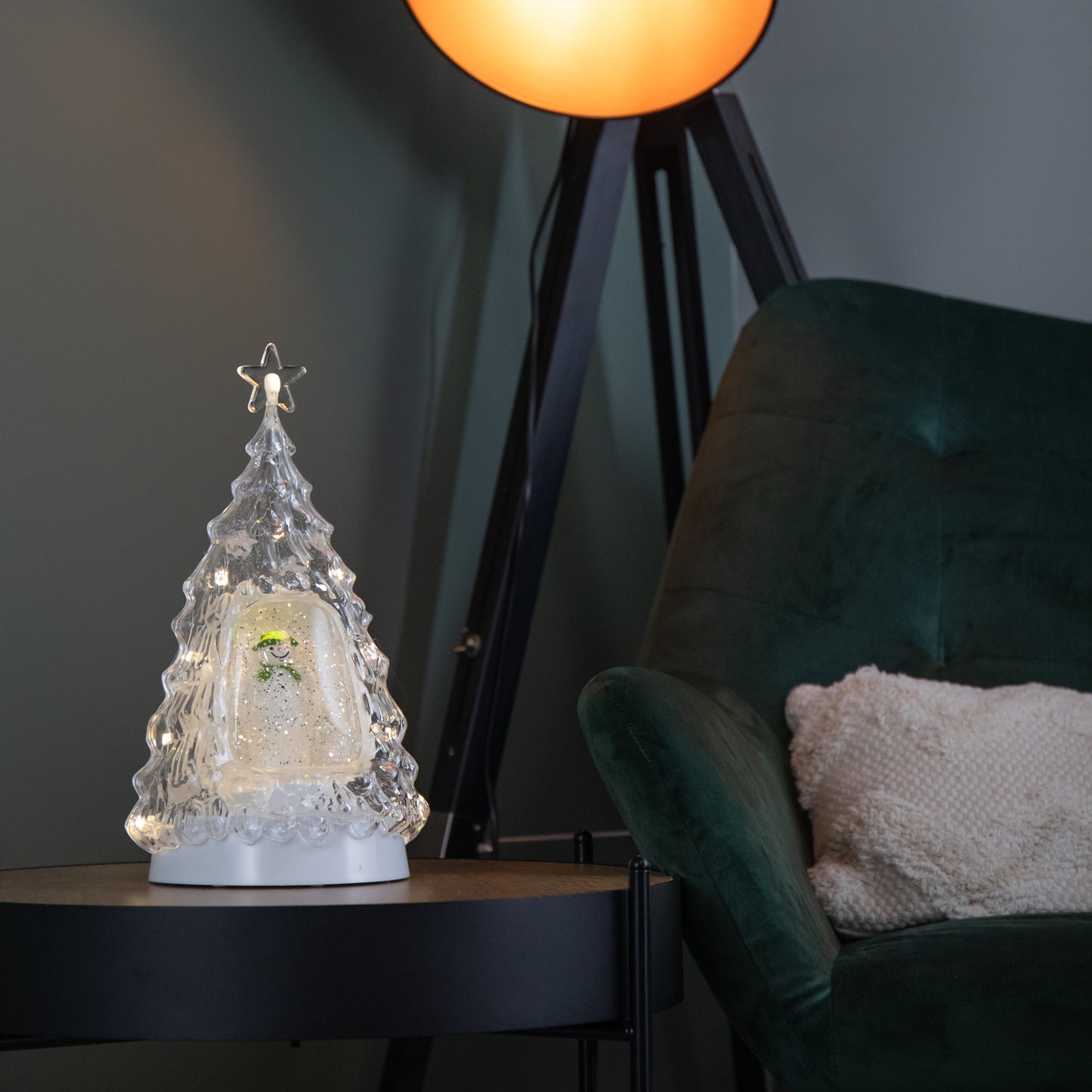 33cm Battery Operated Light up Christmas Tree Water Spinner with The Snowman & LEDs