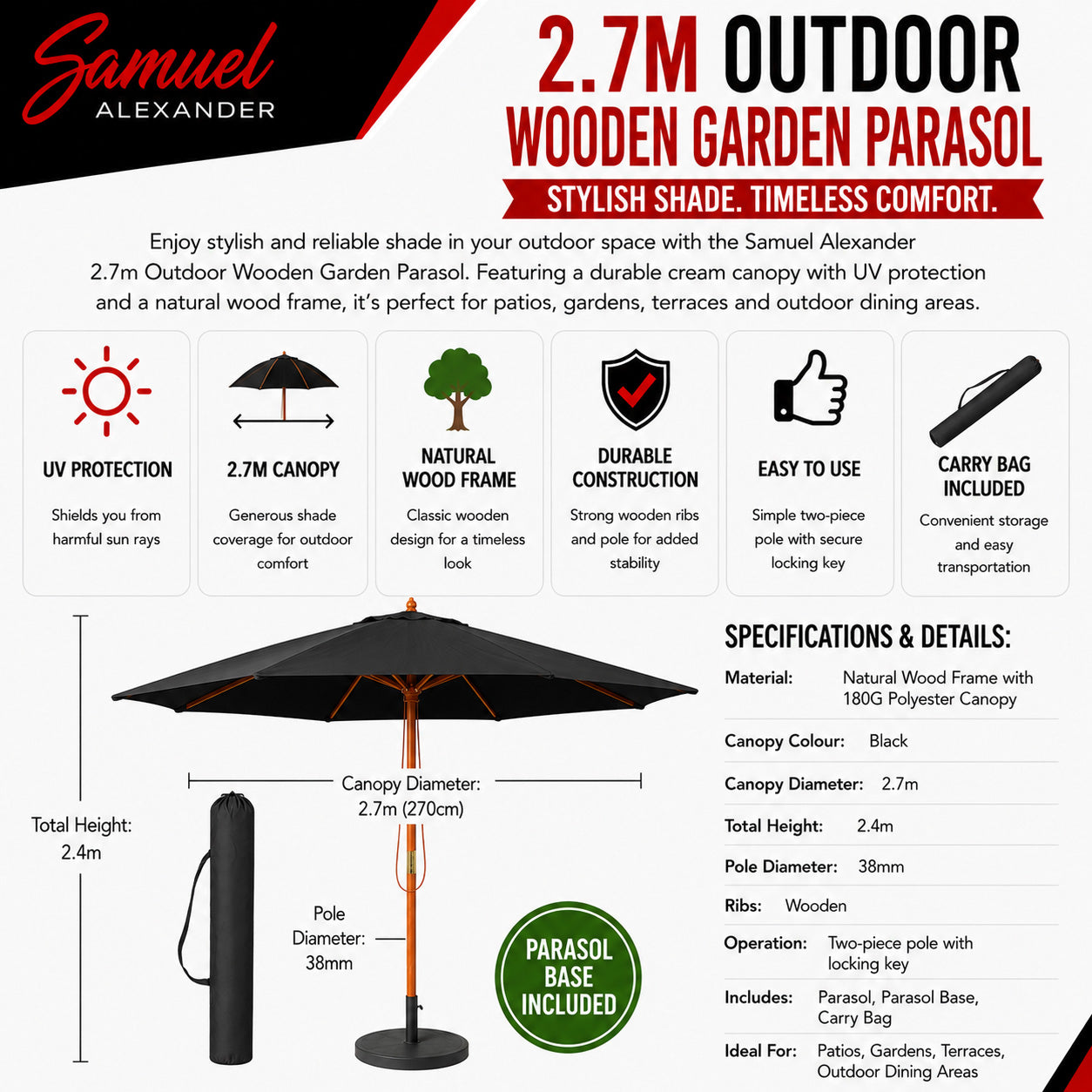 2.7m Outdoor Wooden Garden Parasol Sun Shade with Carry Bag in Black with 9kg Base Included