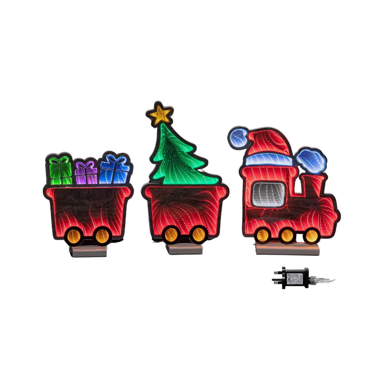 70cm Infinity Christmas Train with 2 Carriages on Wood Base and Multi-Coloured LEDs