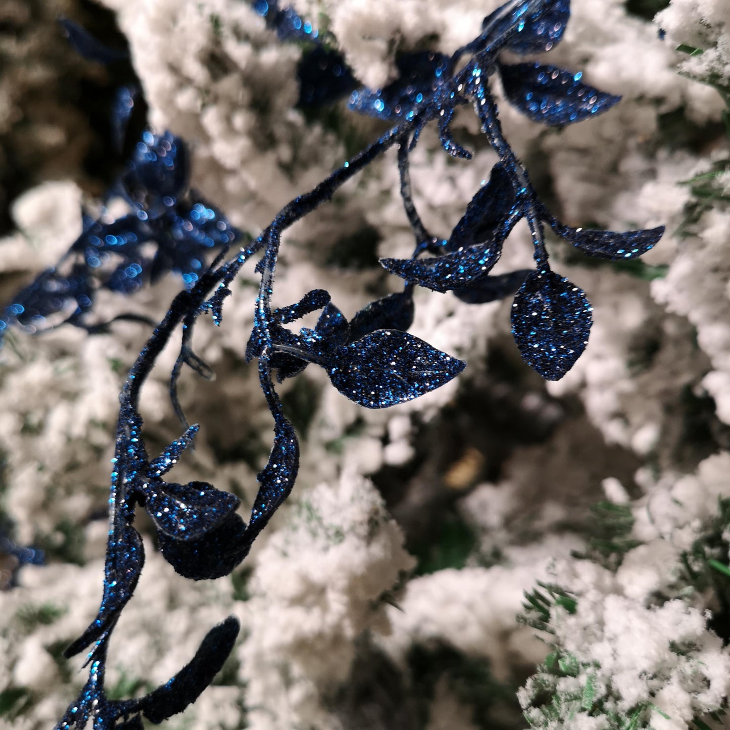 1.5m Midnight Blue Glitter Leaf Christmas Garland Decoration with Hanging Loop