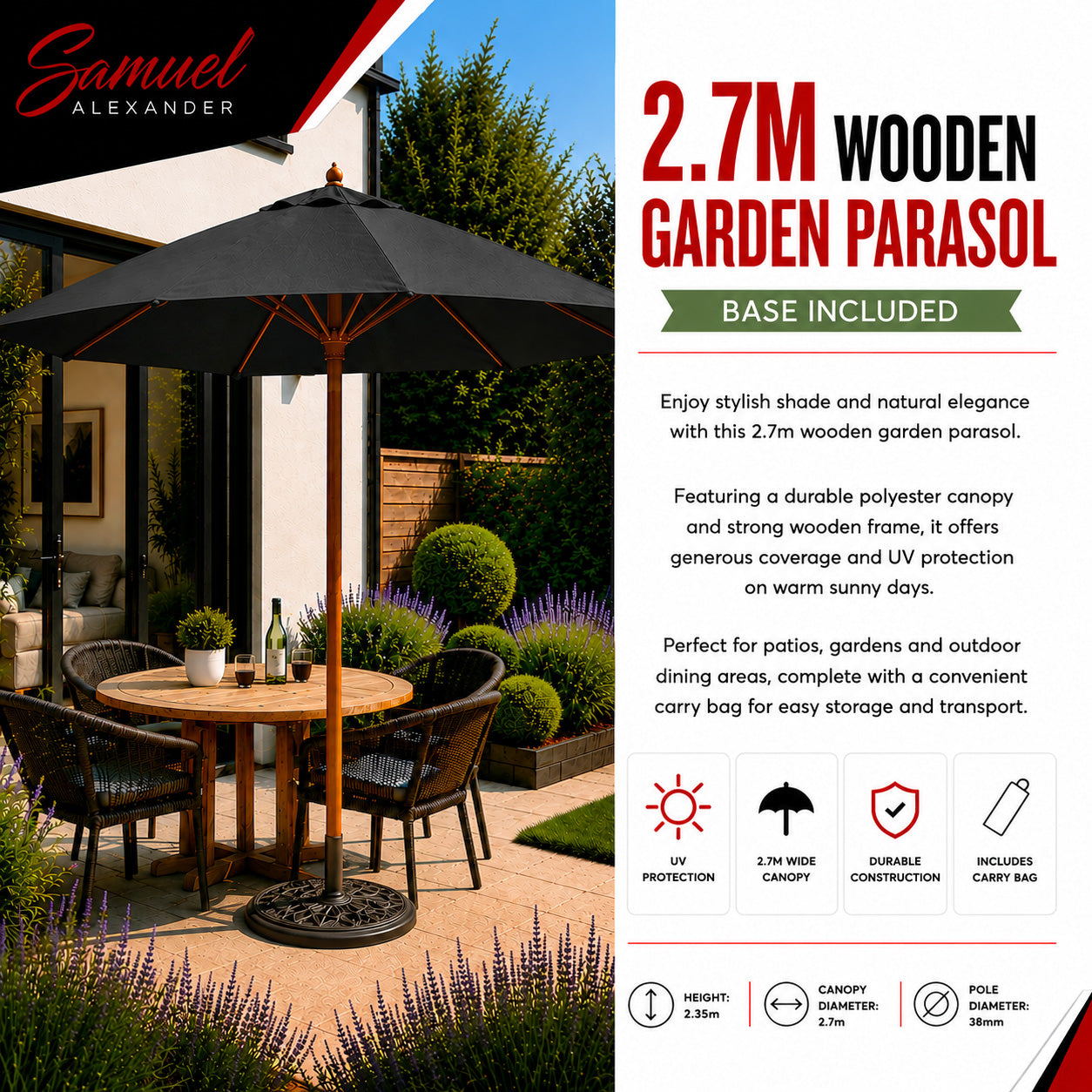 2.7m Outdoor Wooden Garden Parasol Sun Shade with Carry Bag in Black with 9kg Base Included