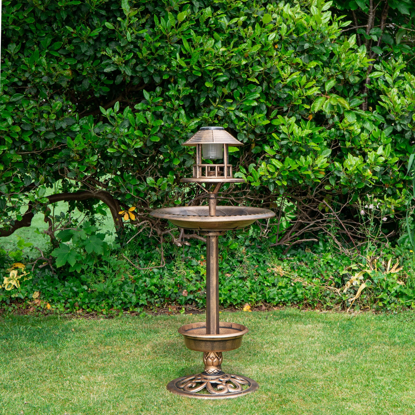 1.1m Bronze Effect Resin Garden Bird Bath & Table with Solar Light