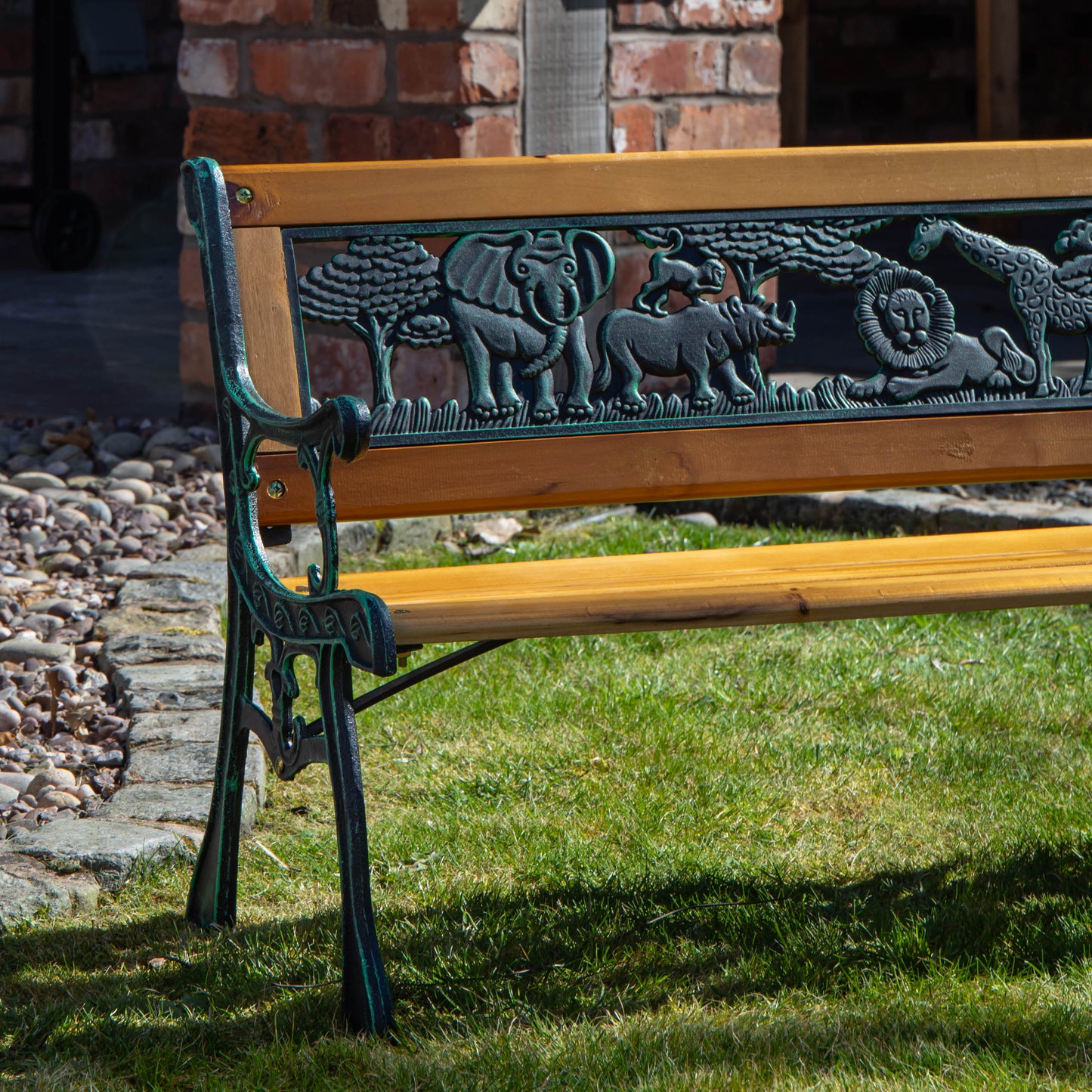 Kids 2 Seater Wooden & Cast Iron Garden Patio Childrens Bench with Animal Design