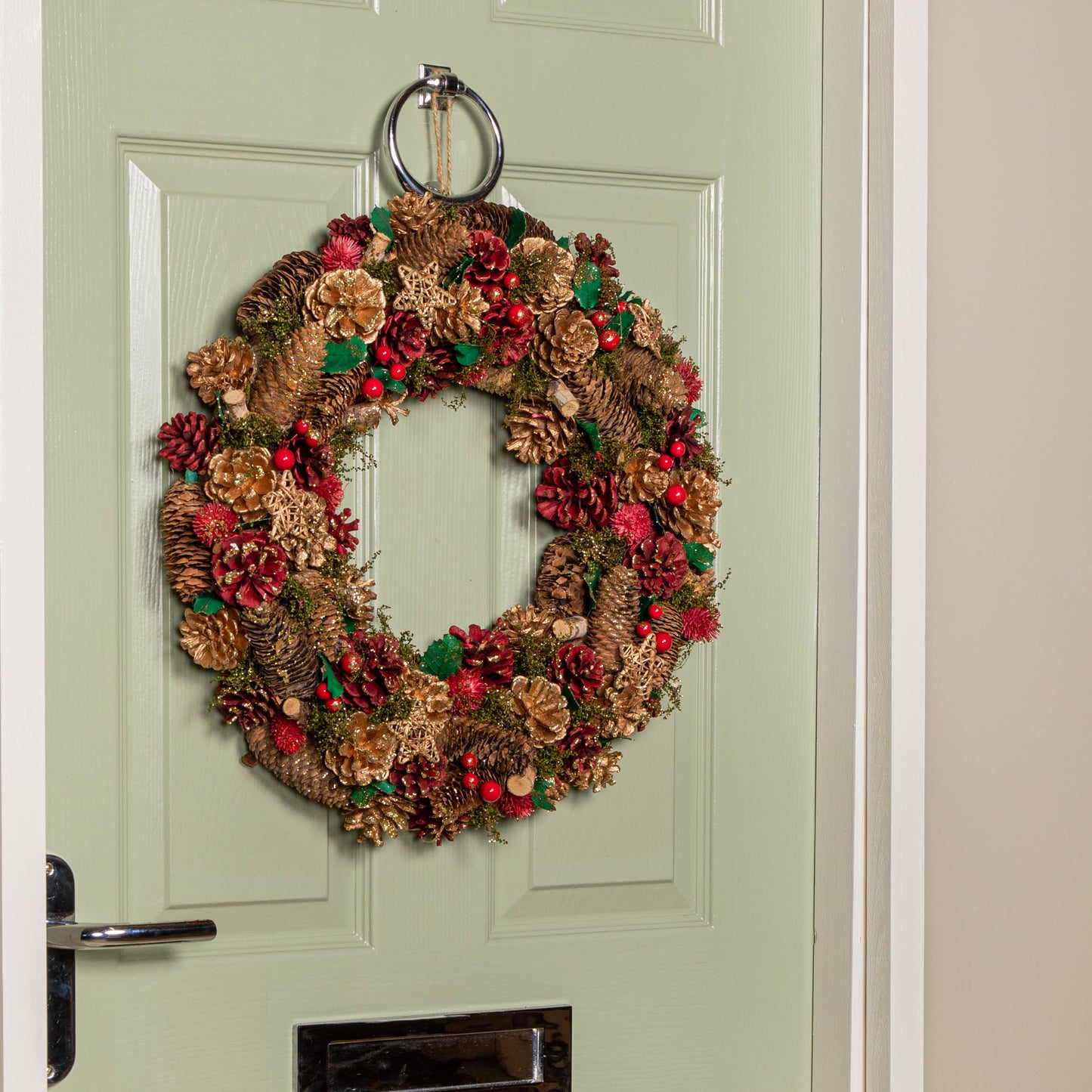 50cm Red Hanging Christmas Wreath with Red Berries and Pinecones